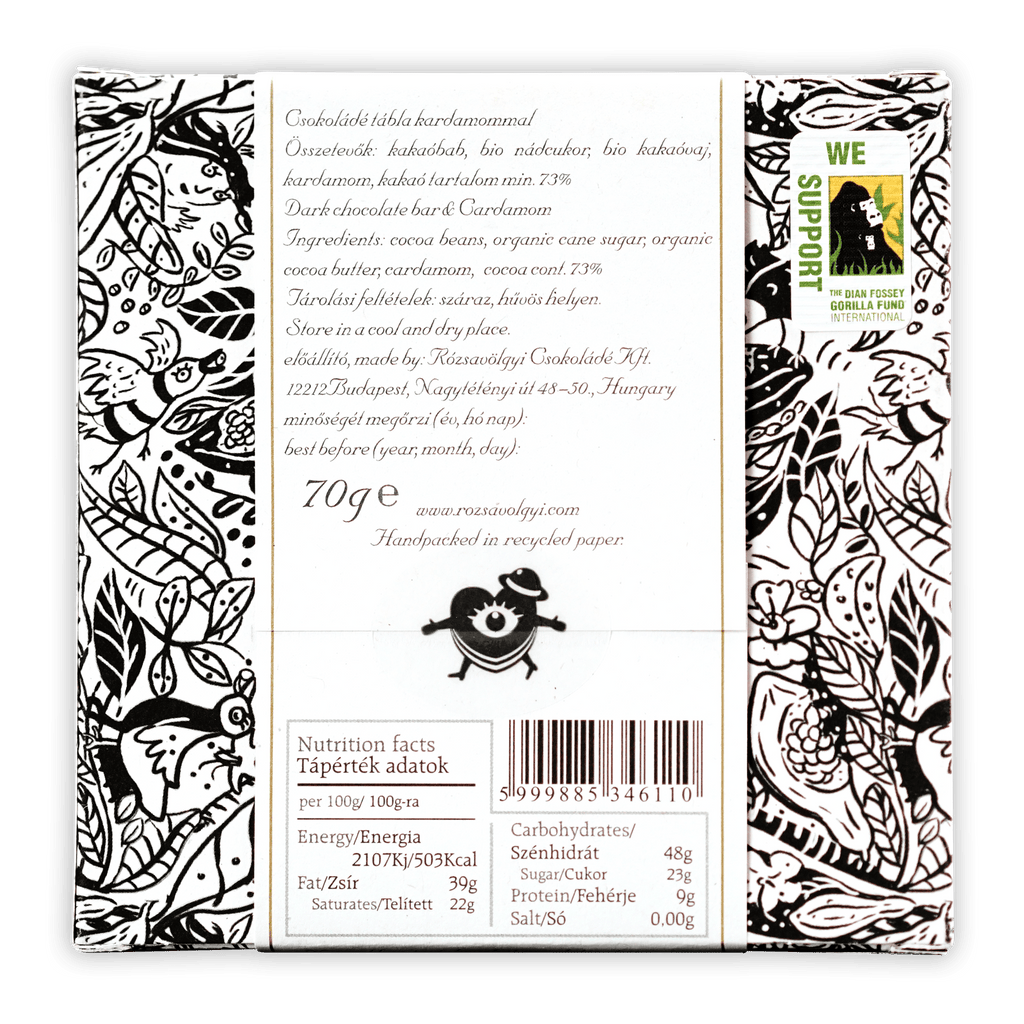 Rózsavölgyi Csokoládé 73% dark chocolate with cardamom black and white wrapper
