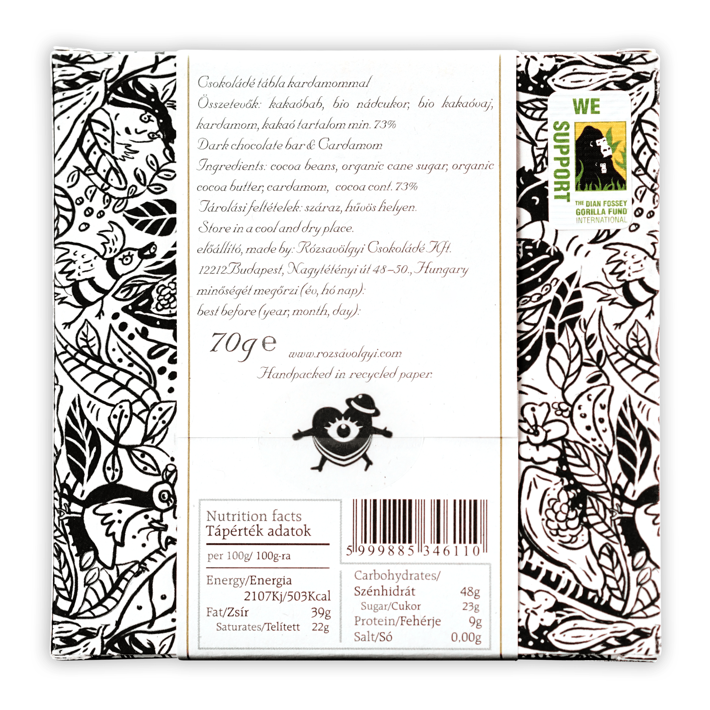 Rózsavölgyi Csokoládé 73% dark chocolate with cardamom black and white wrapper