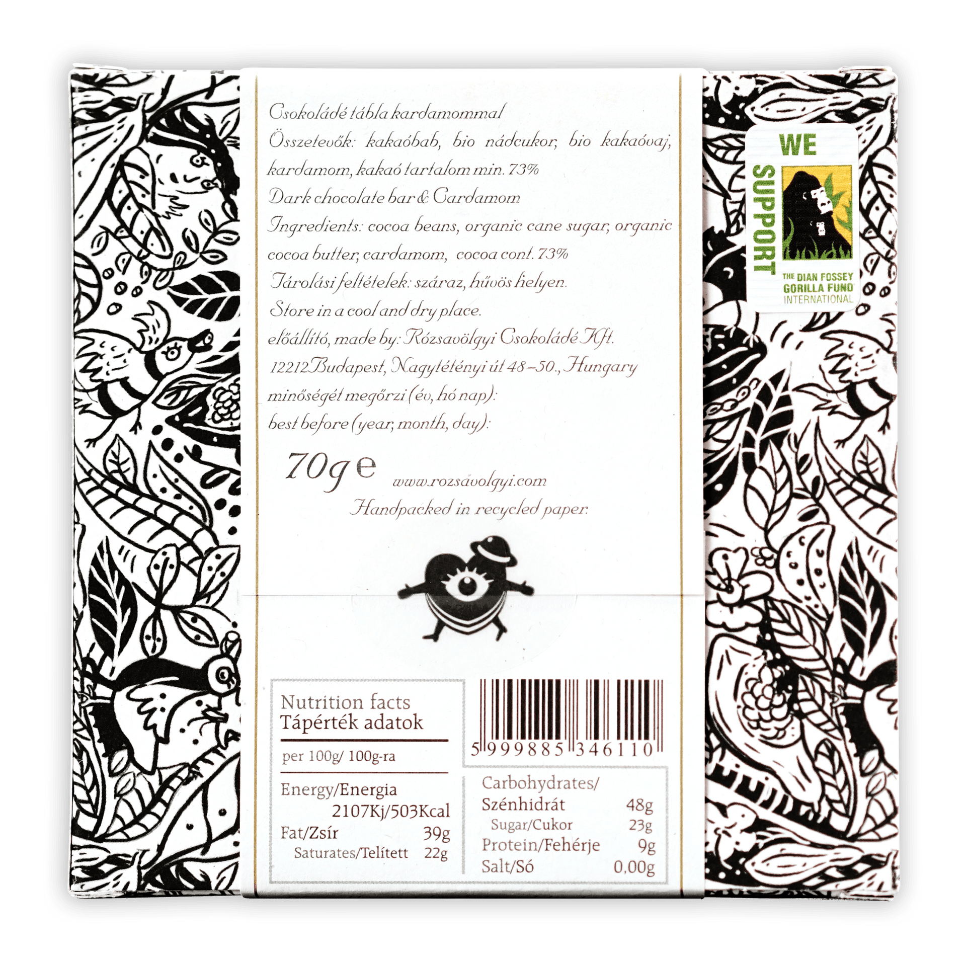 Rózsavölgyi Csokoládé 73% dark chocolate with cardamom black and white wrapper
