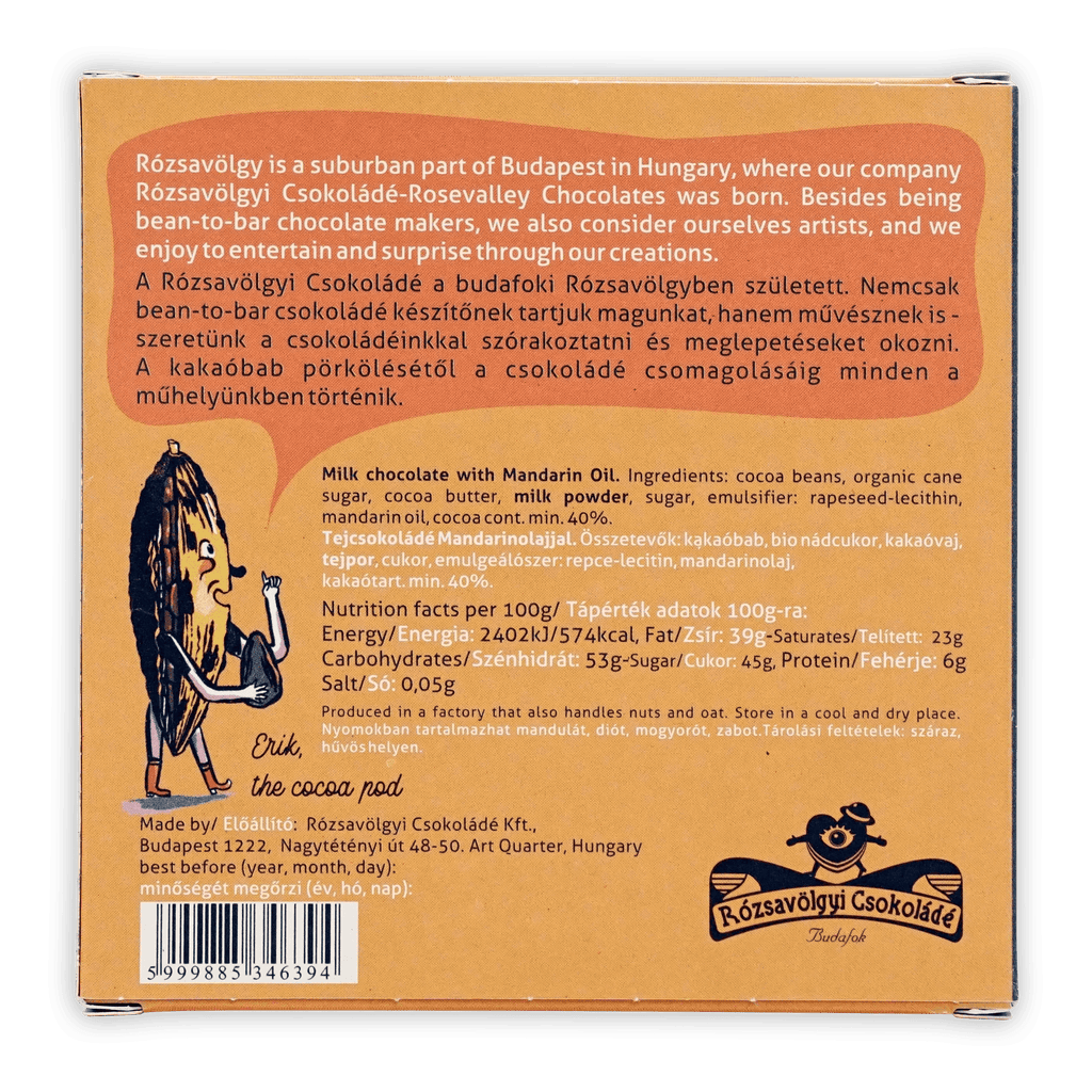 Rózsavölgyi Csokoládé Mandarin in Milk Chocolate orange box with cocoa pod