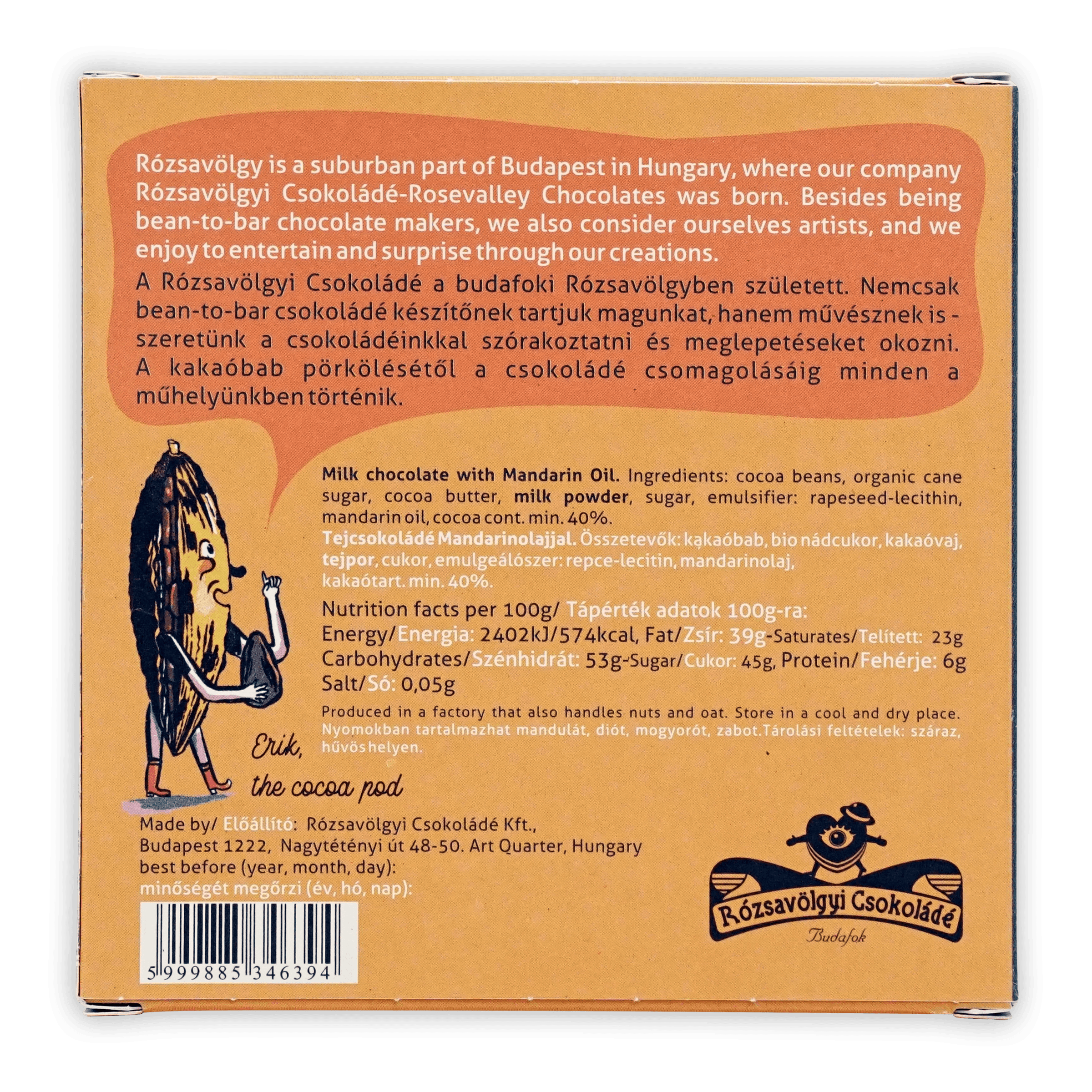 Rózsavölgyi Csokoládé Mandarin in Milk Chocolate orange box with cocoa pod