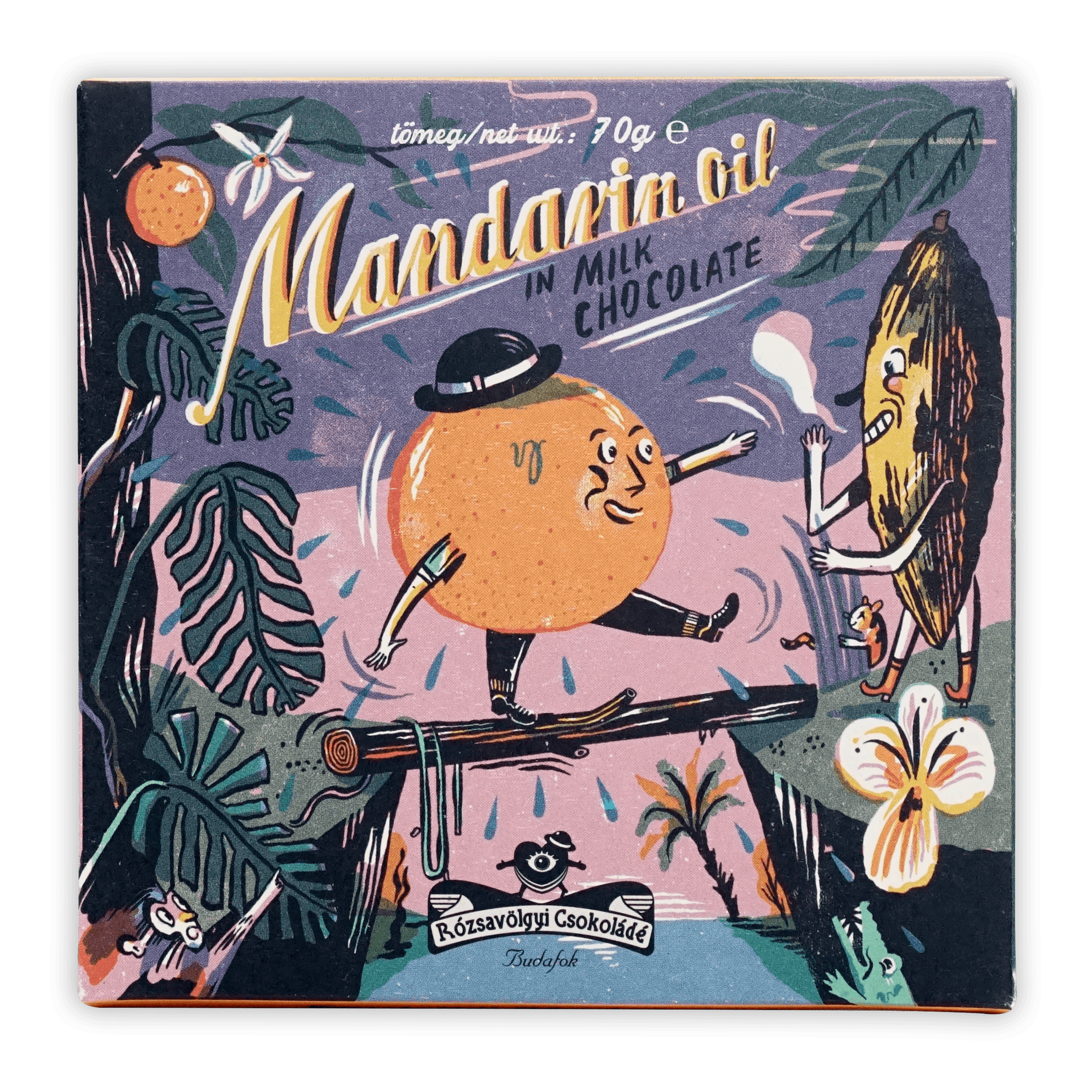 Rózsavölgyi Csokoládé milk chocolate mandarins with cartoon orange dancing on log