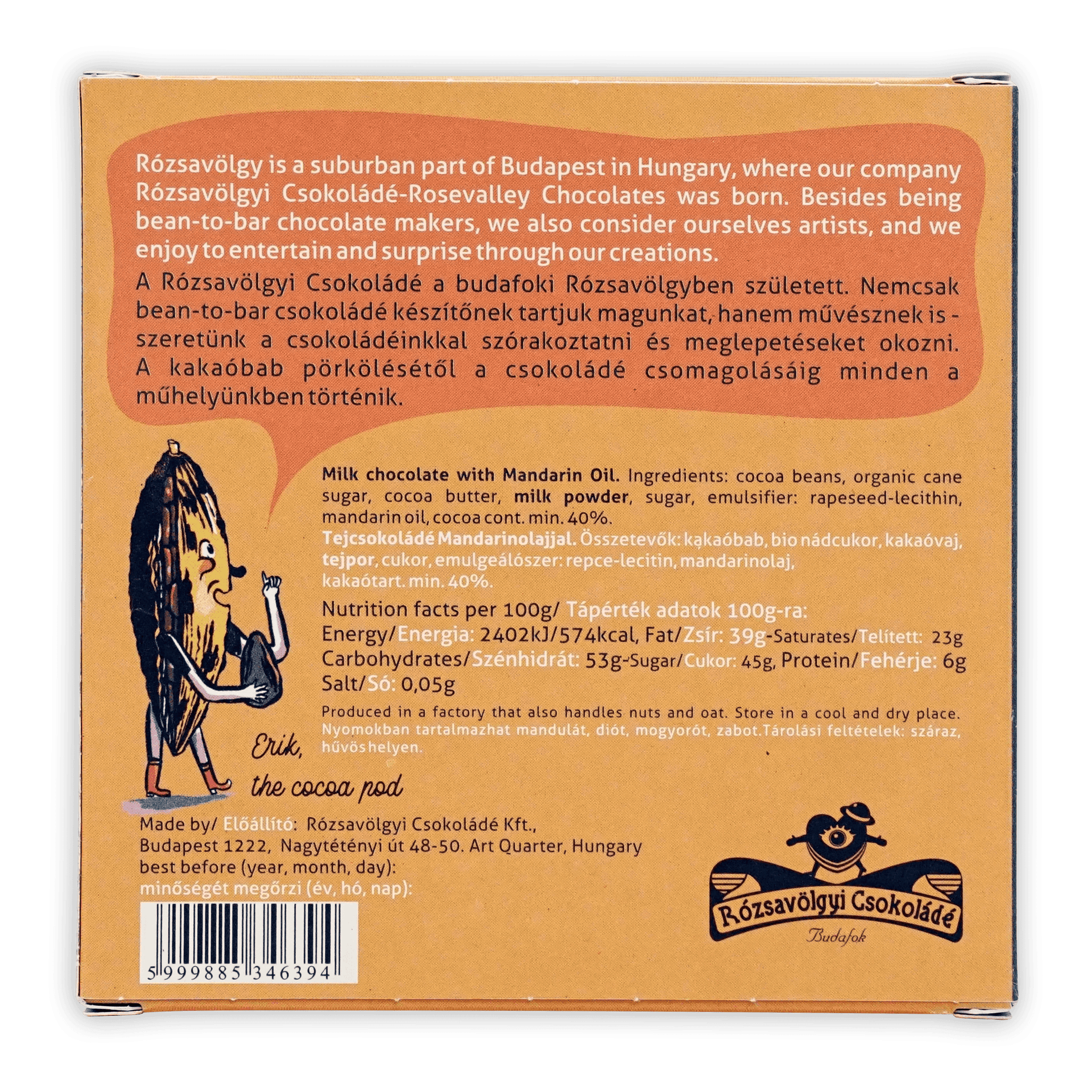 Rózsavölgyi Csokoládé Mandarin in Milk Chocolate orange box with cocoa pod