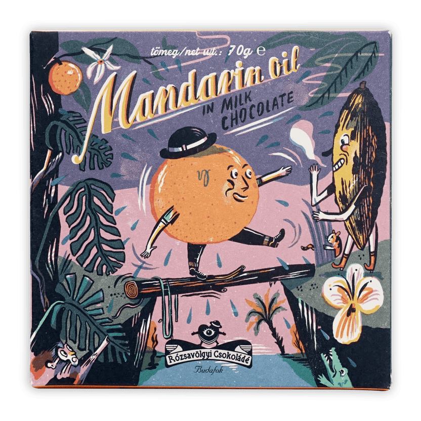 Rózsavölgyi Csokoládé milk chocolate mandarins with cartoon orange dancing on log