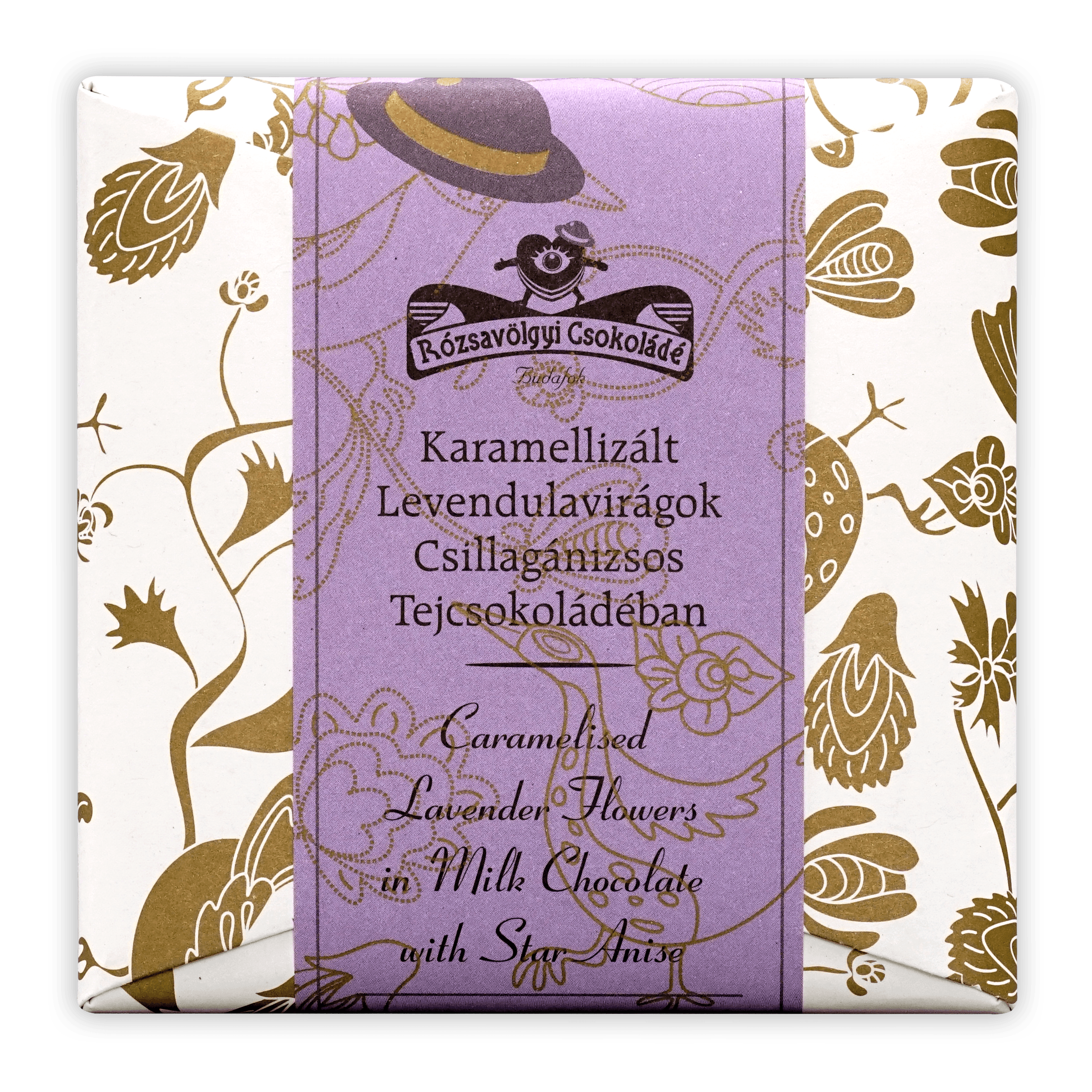 Rózsavölgyi Csokoládé milk chocolate bar with caramelized lavender and star anise