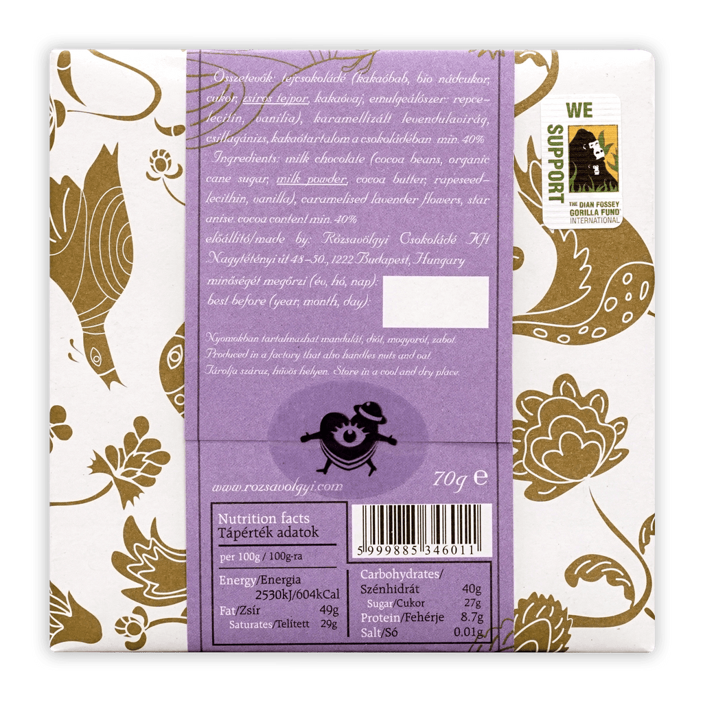 Rózsavölgyi Csokoládé milk chocolate with caramelized lavender flowers wrapper