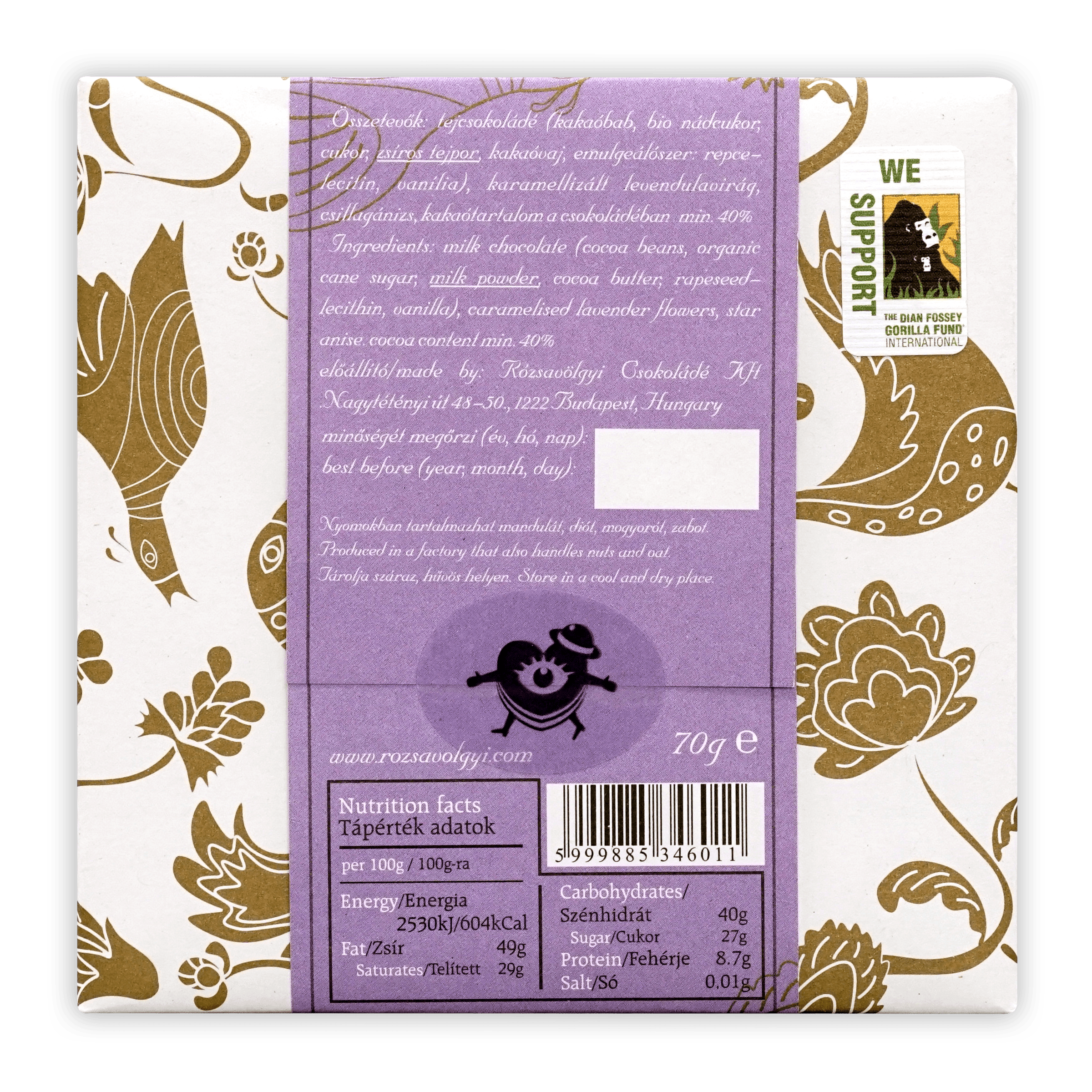 Rózsavölgyi Csokoládé milk chocolate with caramelized lavender flowers wrapper