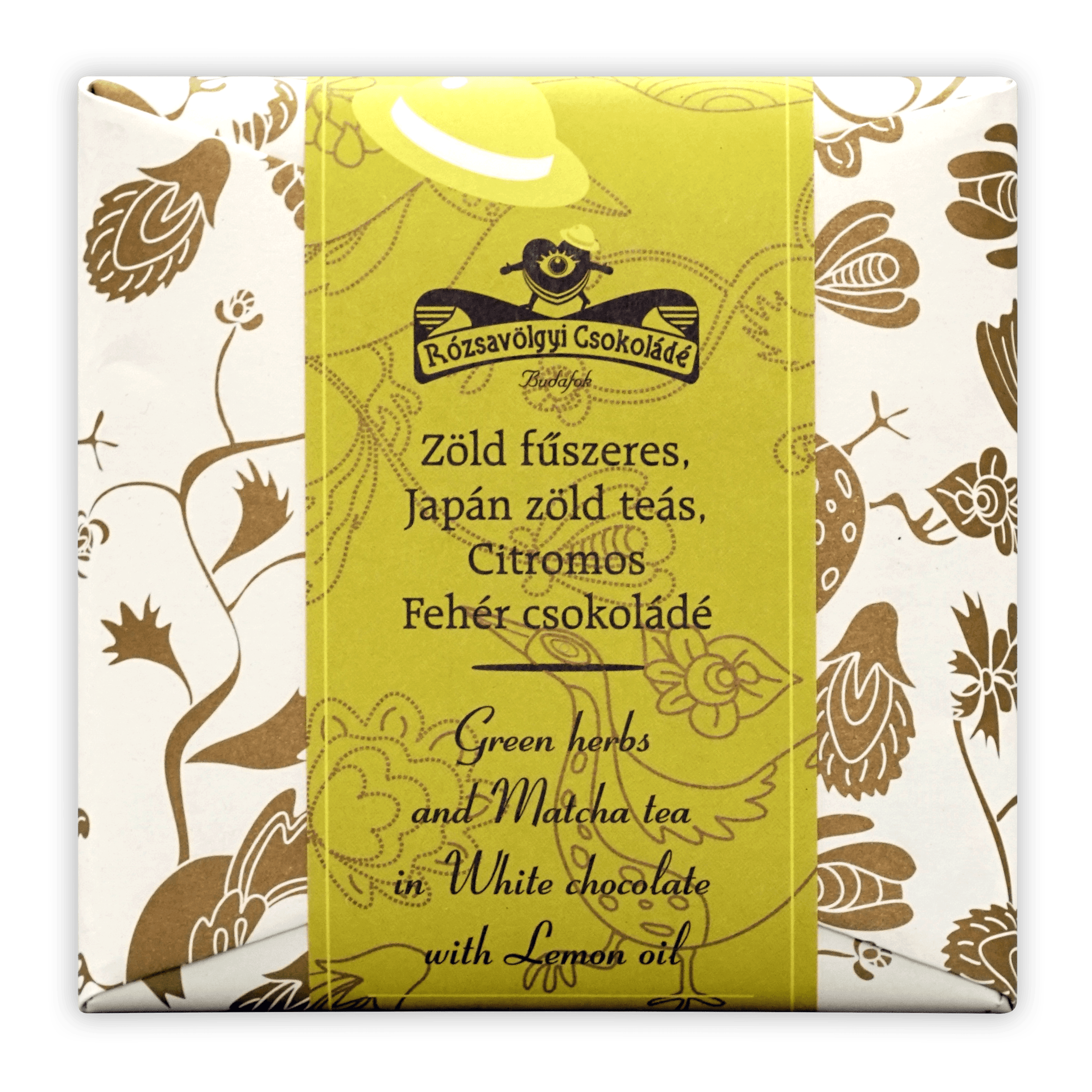 Rózsavölgyi Csokoládé white chocolate bar with matcha, spices and lemon oil