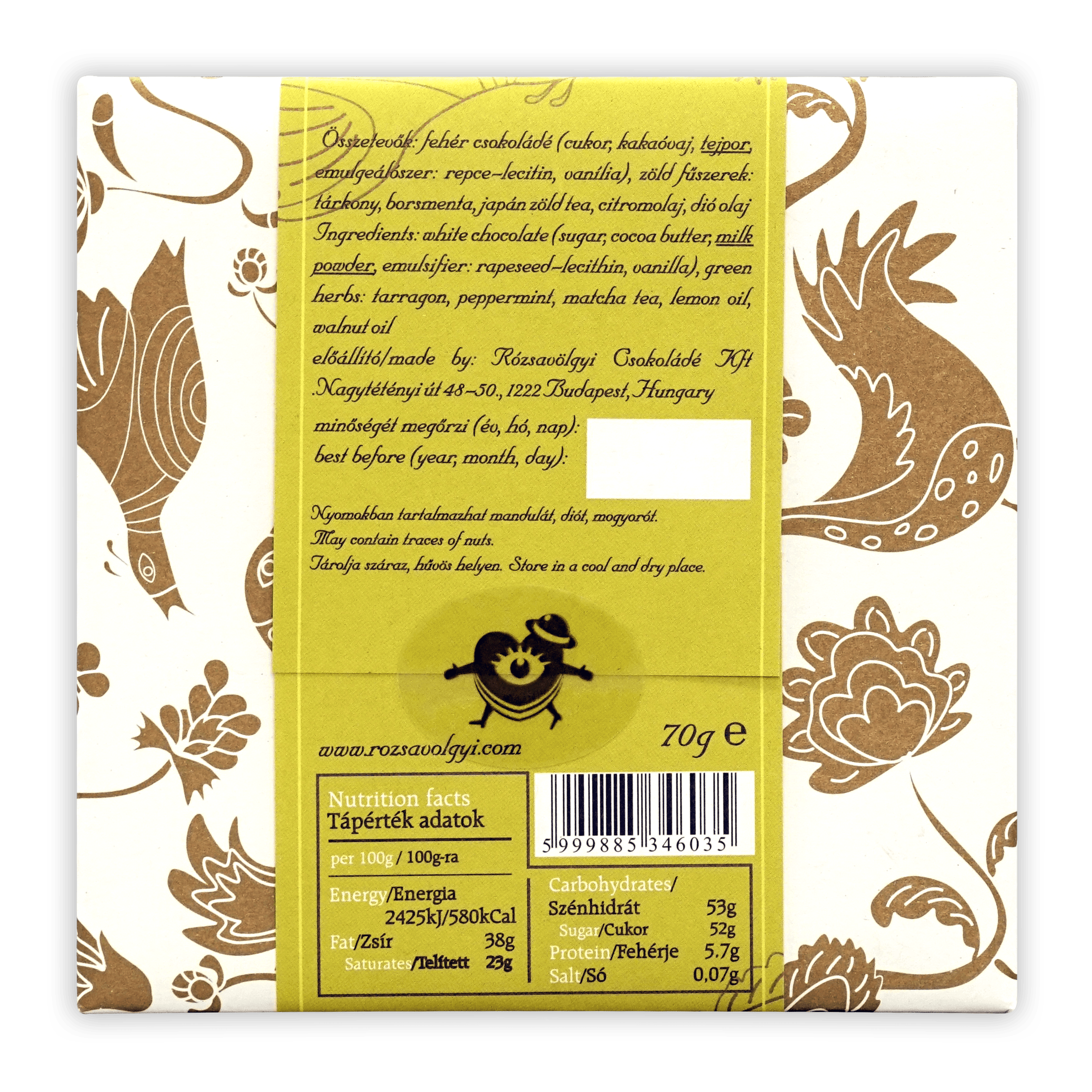 Rózsavölgyi Csokoládé white chocolate bar wrapper back with Hungarian-English ingredients