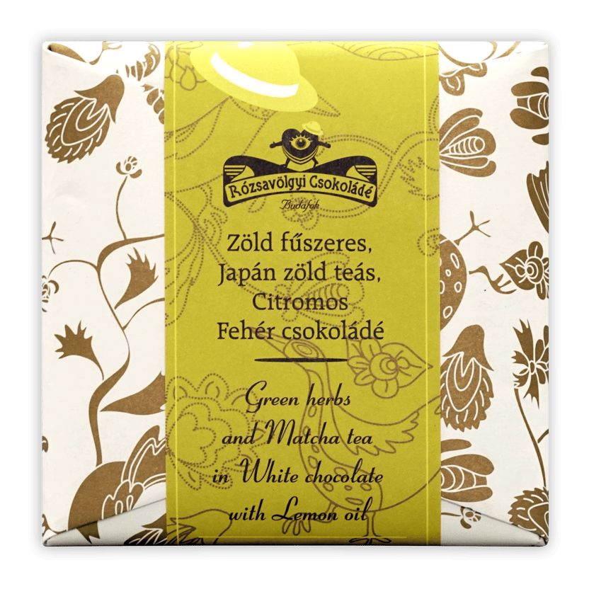 Rózsavölgyi Csokoládé white chocolate bar with matcha, spices and lemon oil