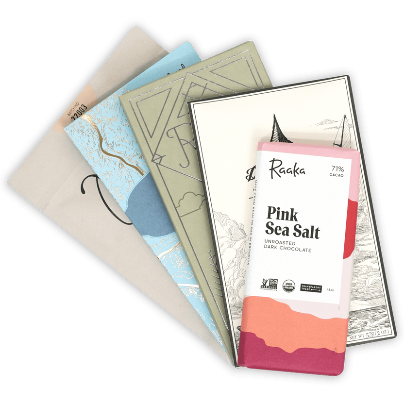 Raaka pink sea salt unroasted dark chocolate bar in Best of Salt Bundle