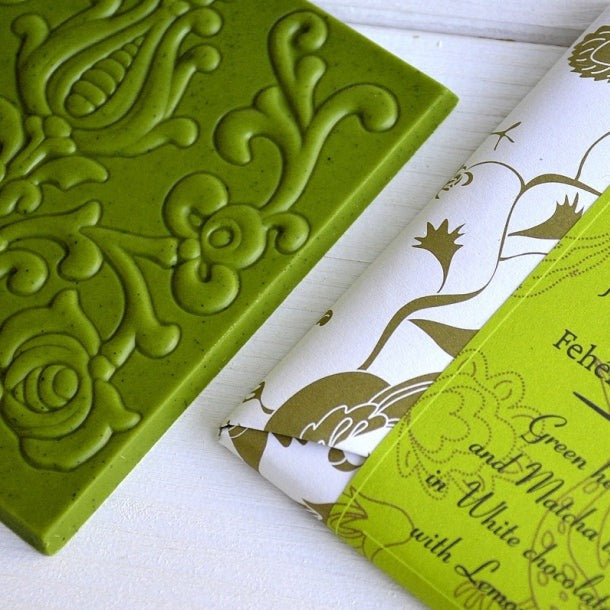 Rózsavölgyi Csokoládé vibrant green white chocolate bar with floral emboss, spices, lemon oil and matcha