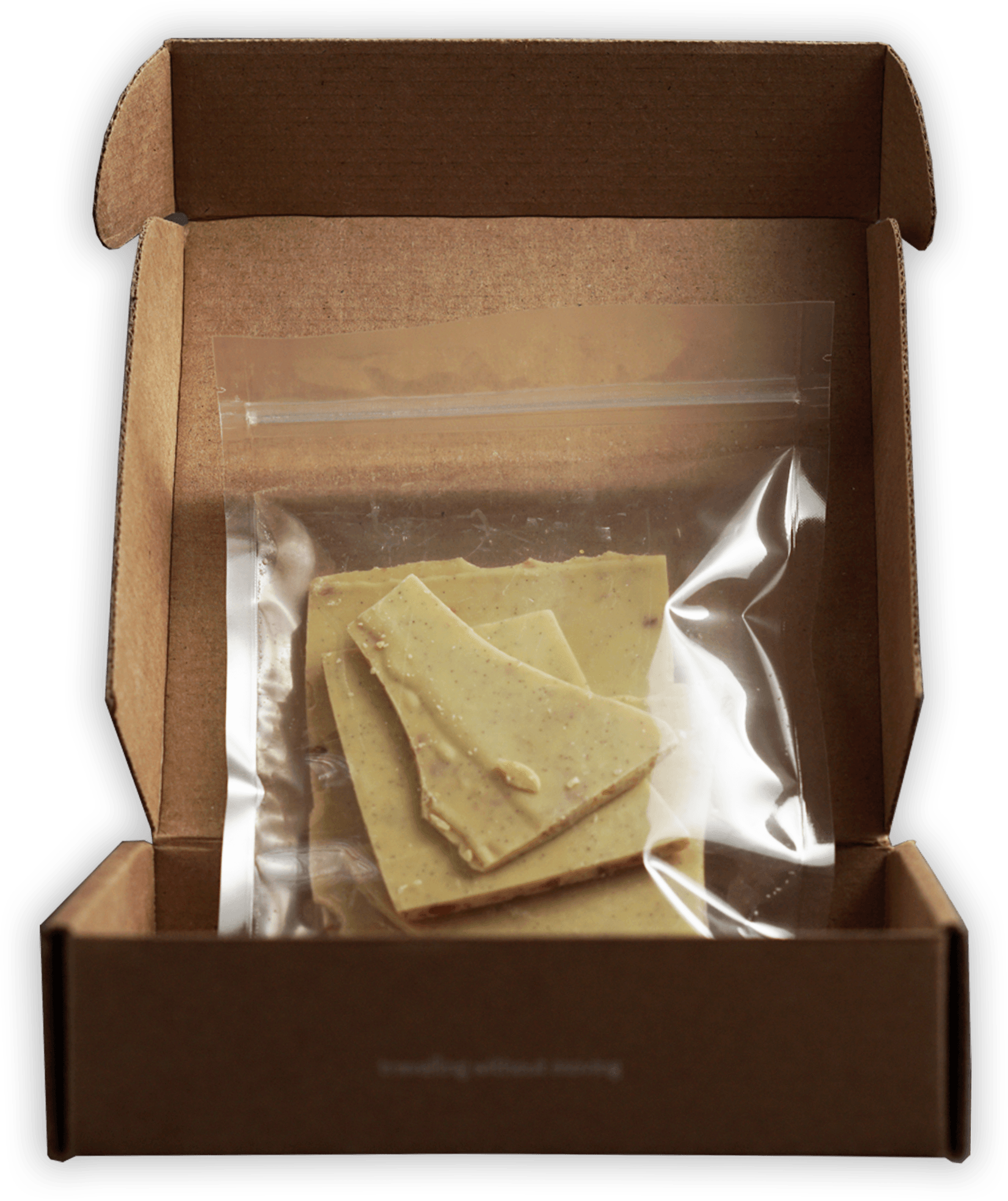 Soma Bark Crème Brûlée 125g: light beige chocolate pieces in bag and box