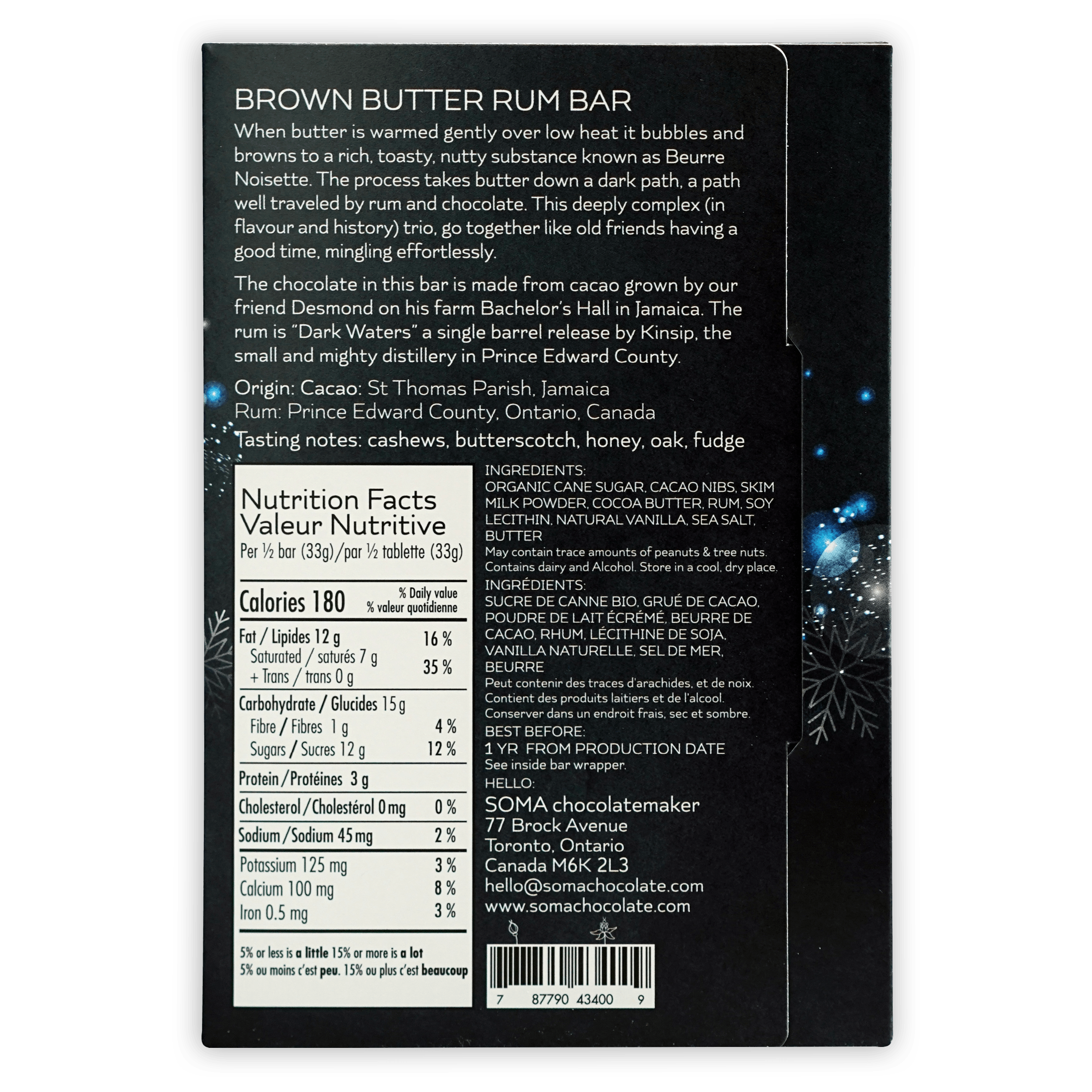 Soma Brown Butter Rum Bar chocolate in black rectangular package