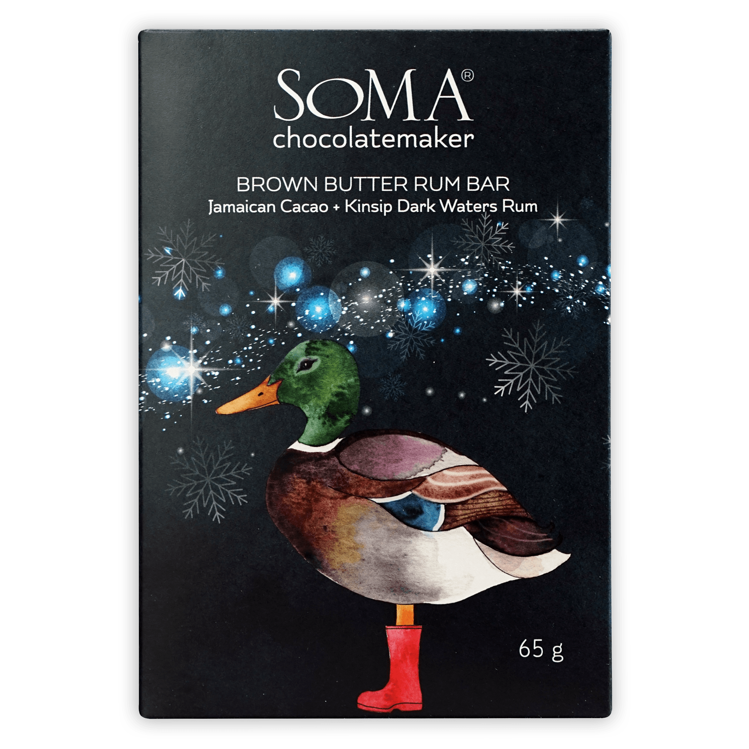 Soma Brown Butter Rum Bar with green-headed duck in red boots, snowflakes