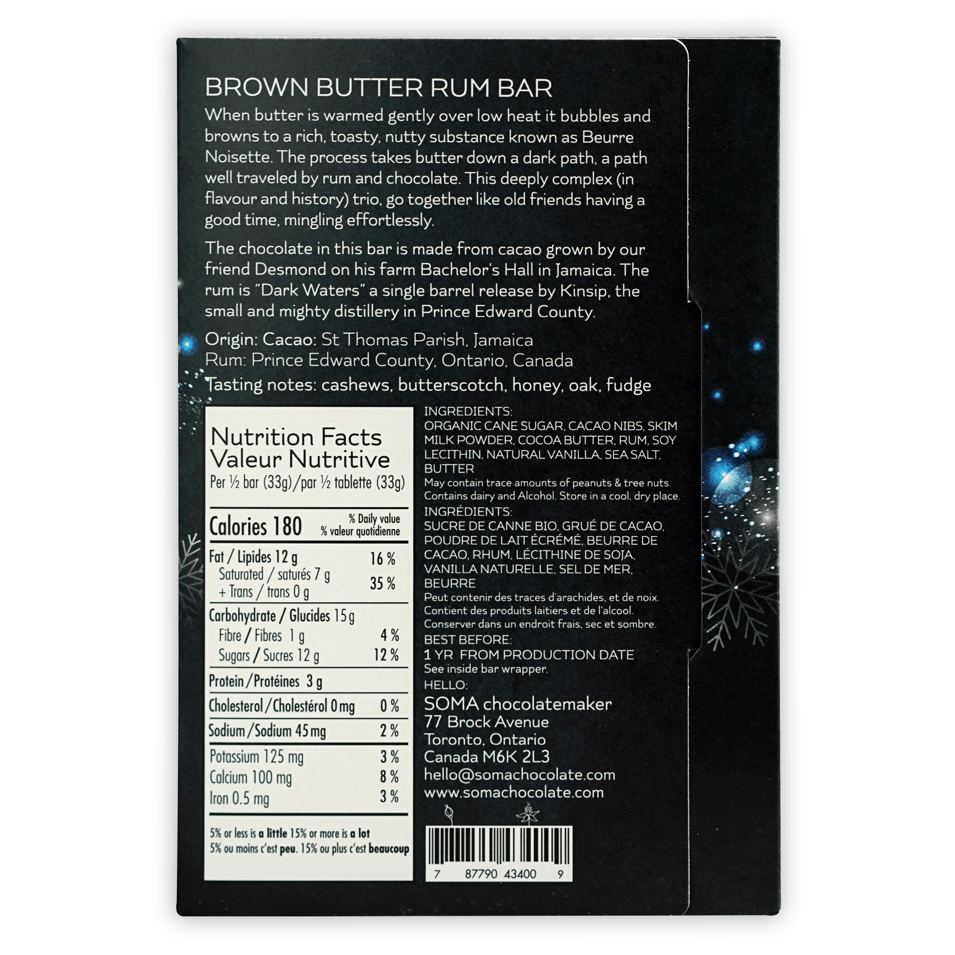 Soma Brown Butter Rum Bar chocolate in black rectangular package