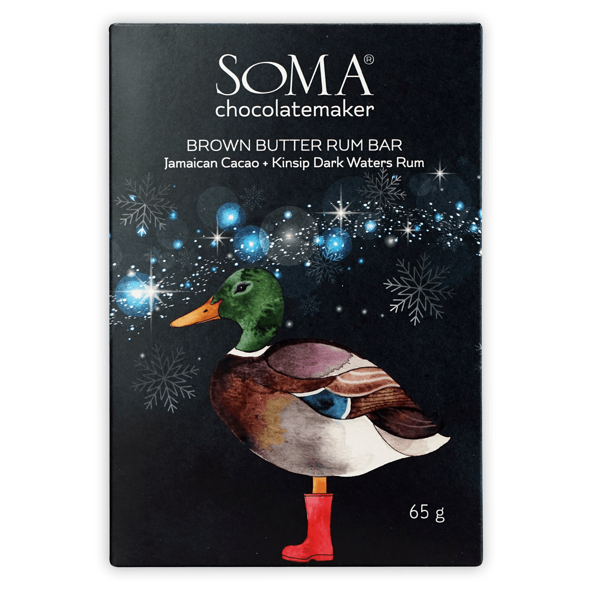 Soma Brown Butter Rum Bar with green-headed duck in red boots, snowflakes