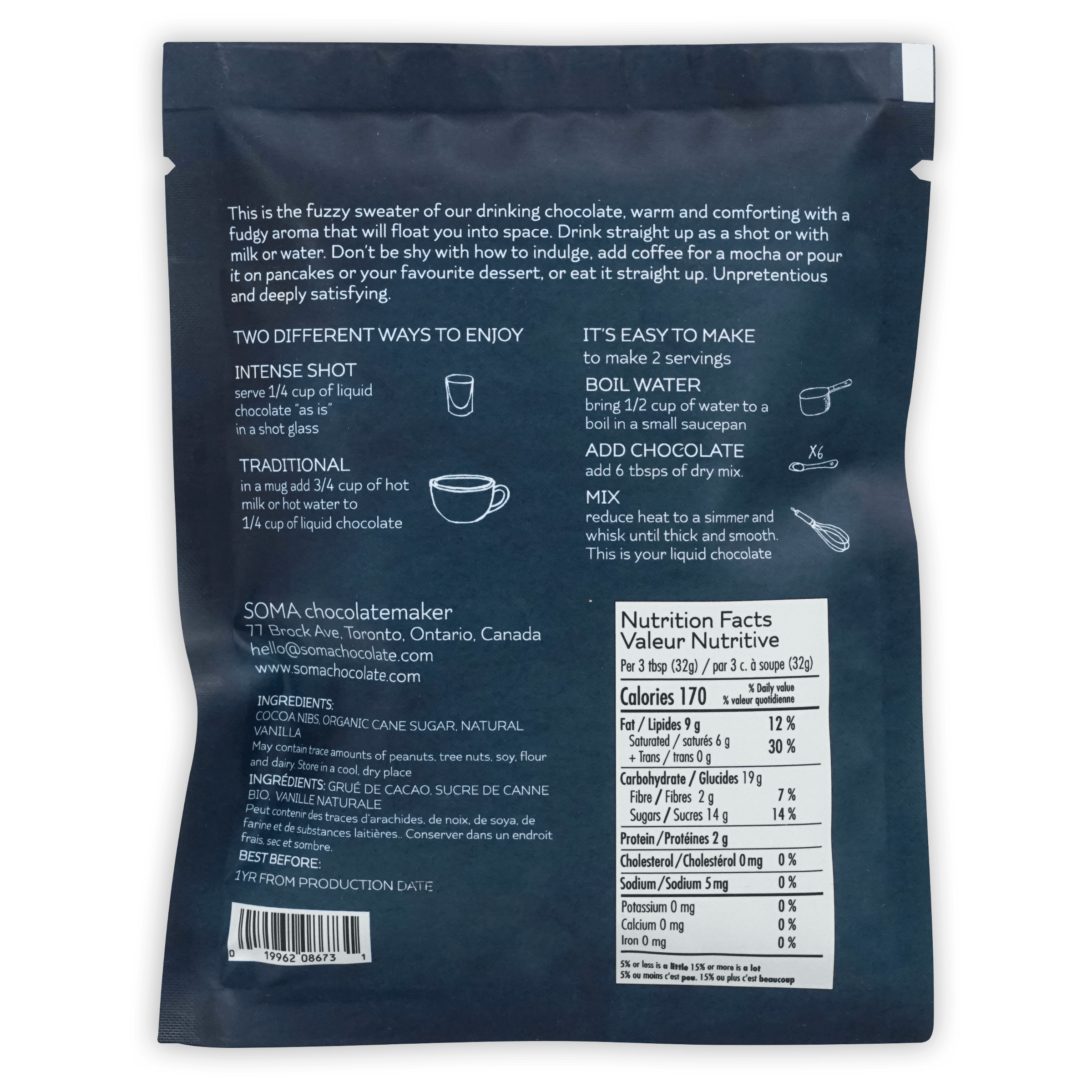 Soma Drinking Chocolate Dark Side of the Mug dark blue pouch back with nutrition info