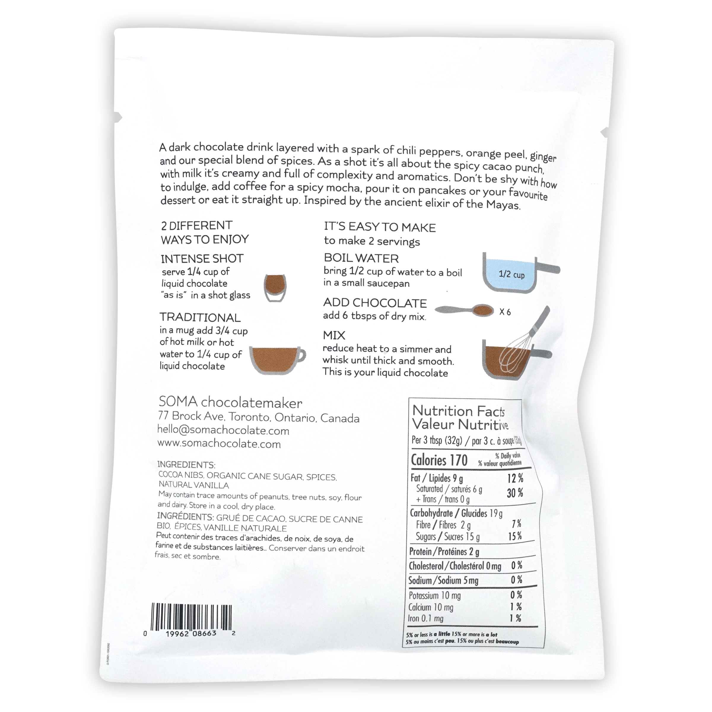 Back of Soma Drinking Chocolate Maya dark chocolate mix packet with nutrition facts