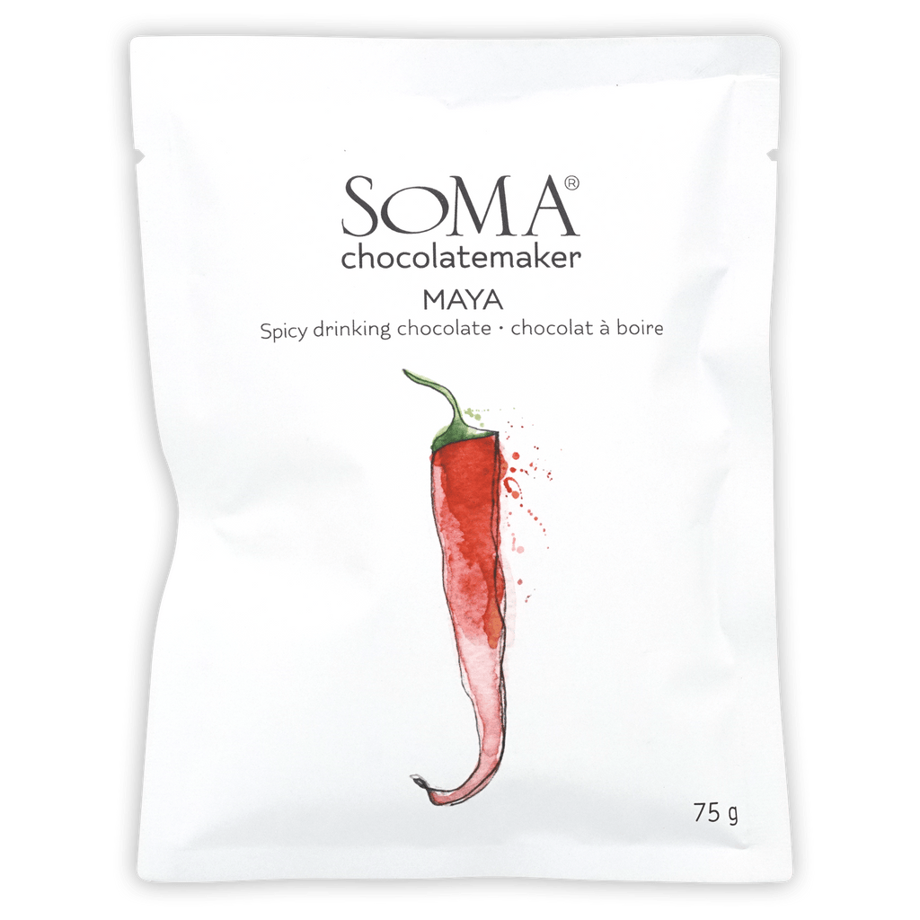 Soma Chocolatemaker Maya spicy drinking chocolate white pouch with chili watercolor