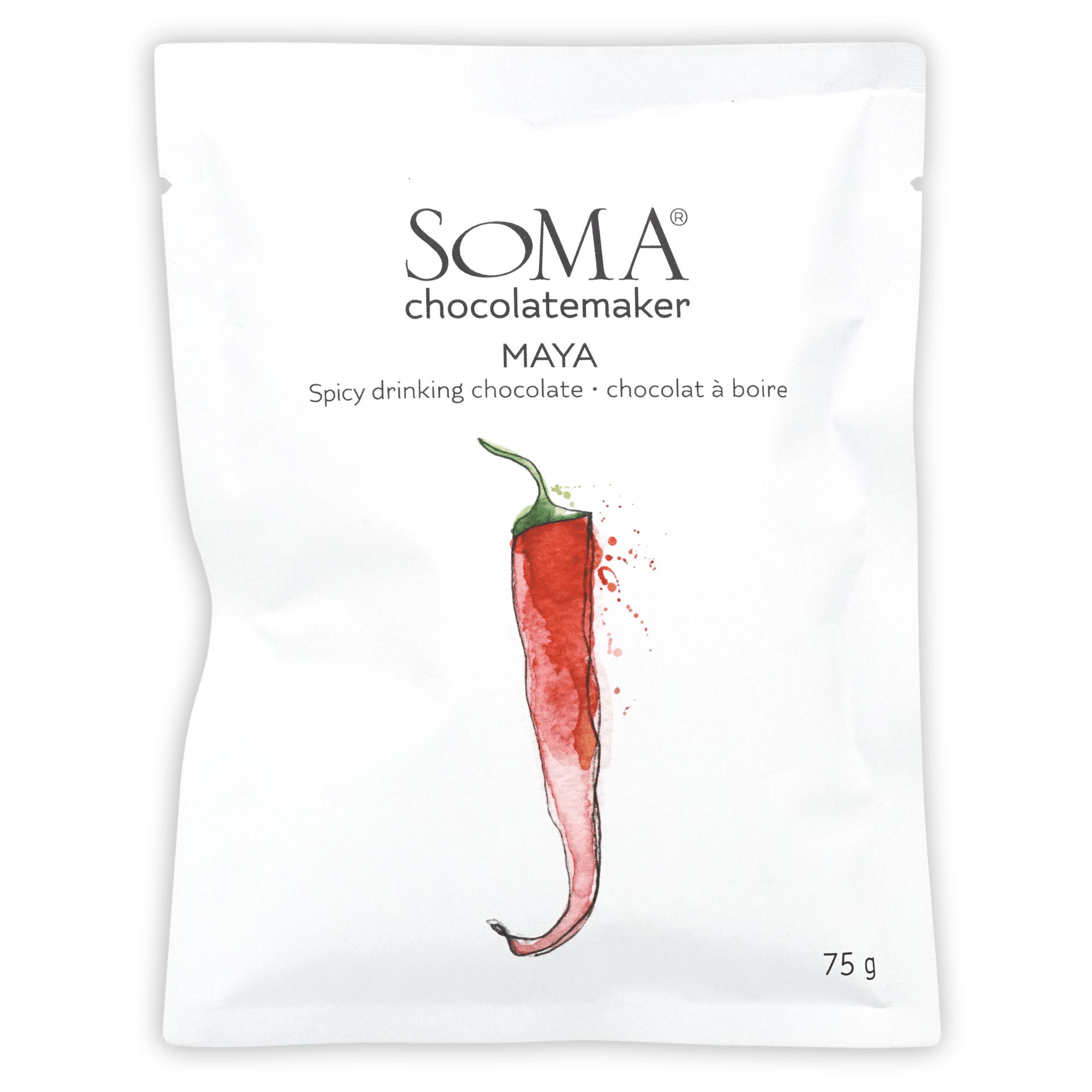 Soma Chocolatemaker Maya spicy drinking chocolate white pouch with chili watercolor