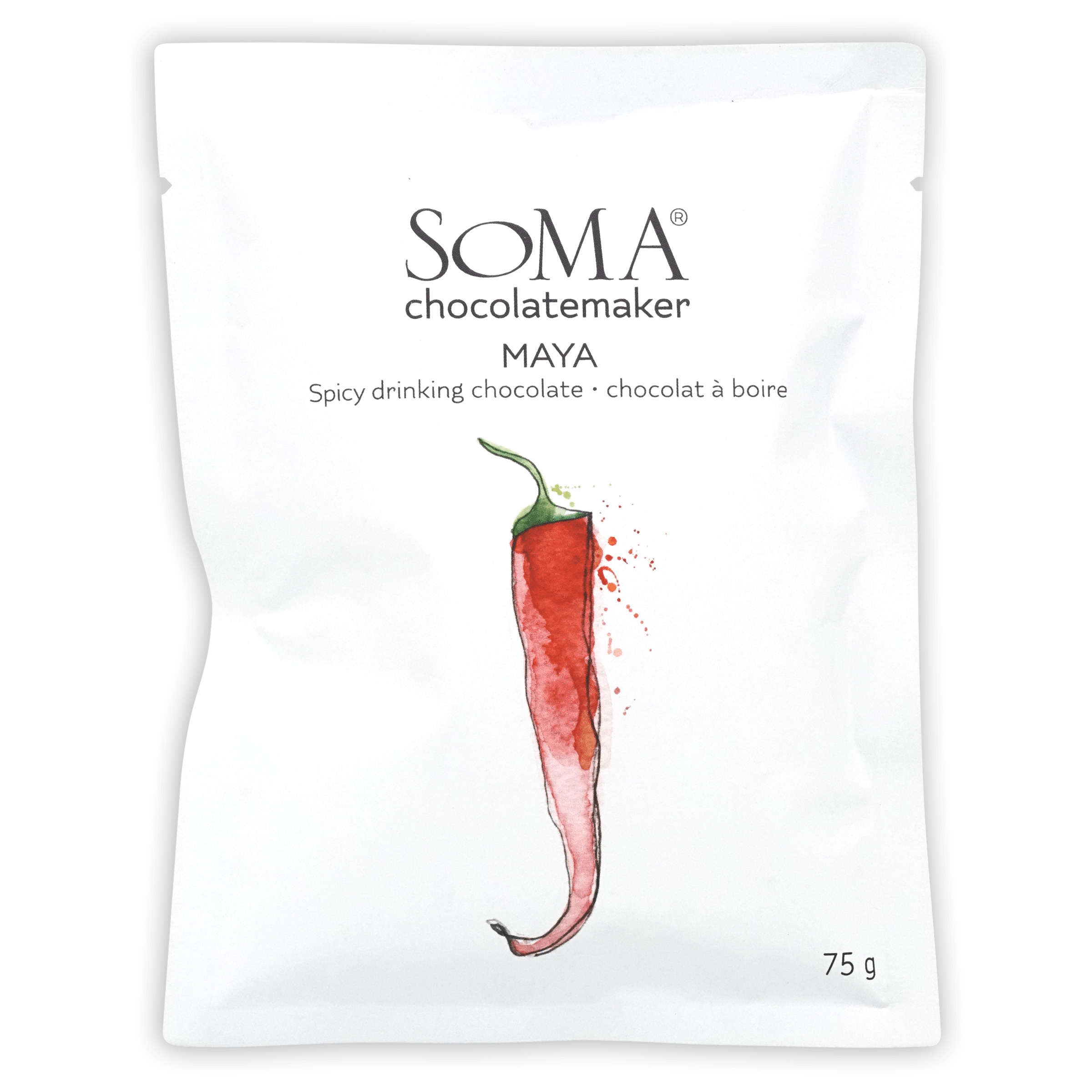 Soma Chocolatemaker Maya spicy drinking chocolate white pouch with chili watercolor