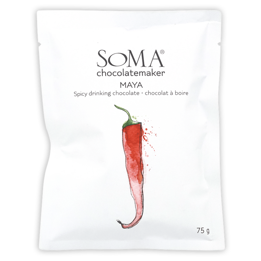 Soma Chocolatemaker Maya spicy drinking chocolate white pouch with chili watercolor