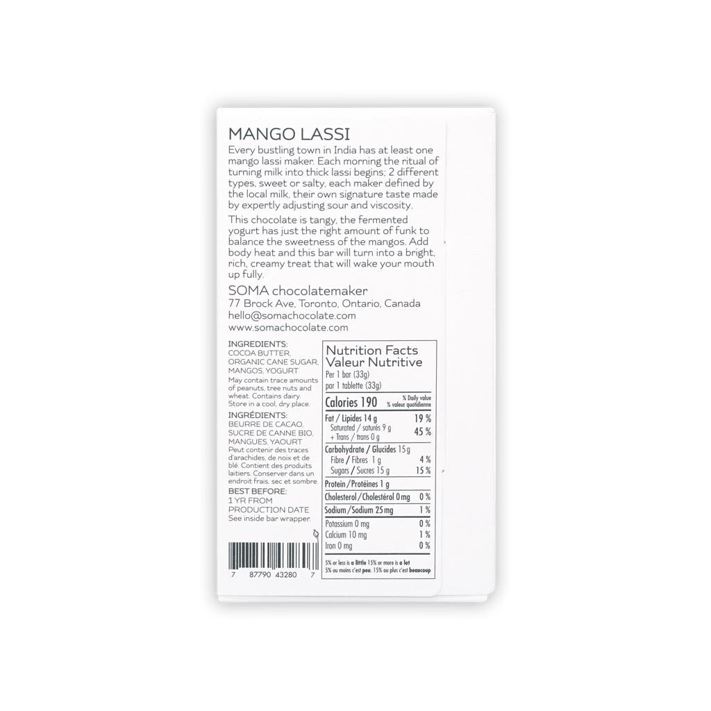 Soma Mini Mango Lassi Bar white wrapper with black text and barcode