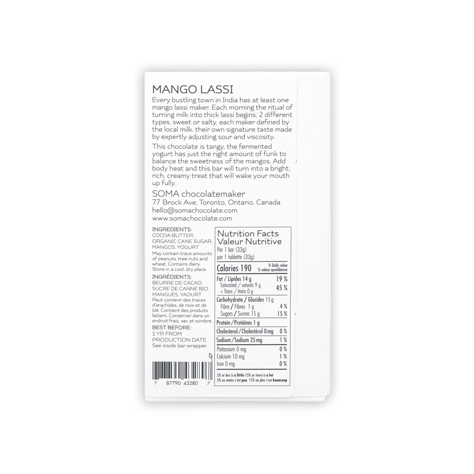 Soma Mini Mango Lassi Bar white wrapper with black text and barcode