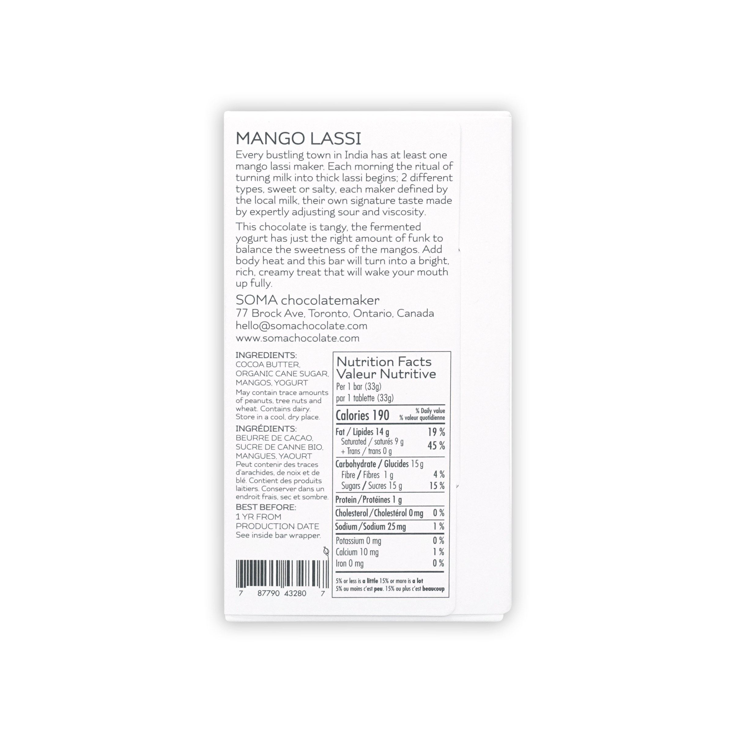 Soma Mini Mango Lassi Bar white wrapper with black text and barcode