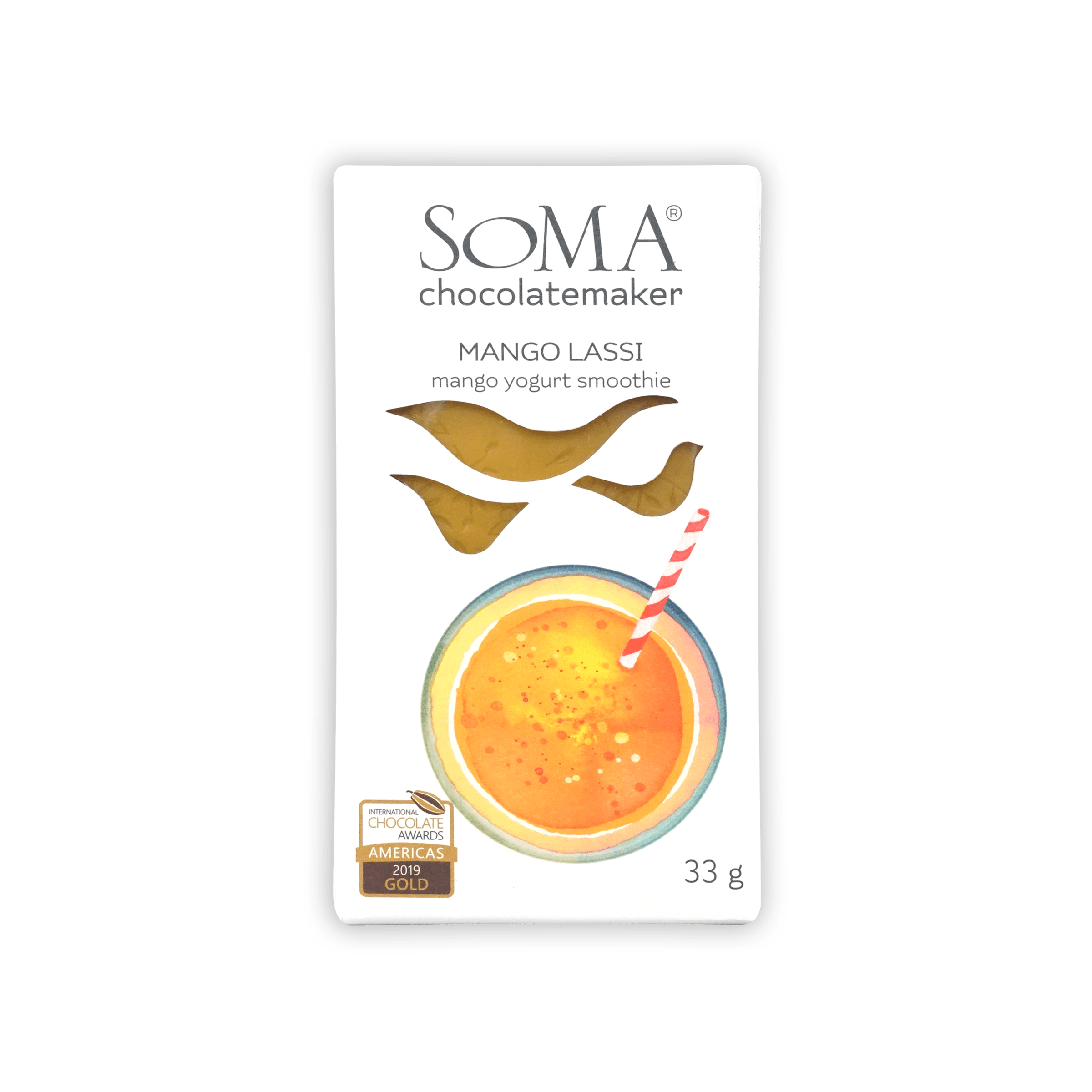 Soma Mini Mango Lassi Bar: 33g chocolate with mango yogurt smoothie illustration