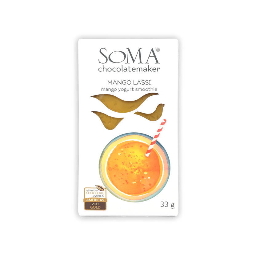 Soma Mini Mango Lassi Bar: 33g chocolate with mango yogurt smoothie illustration