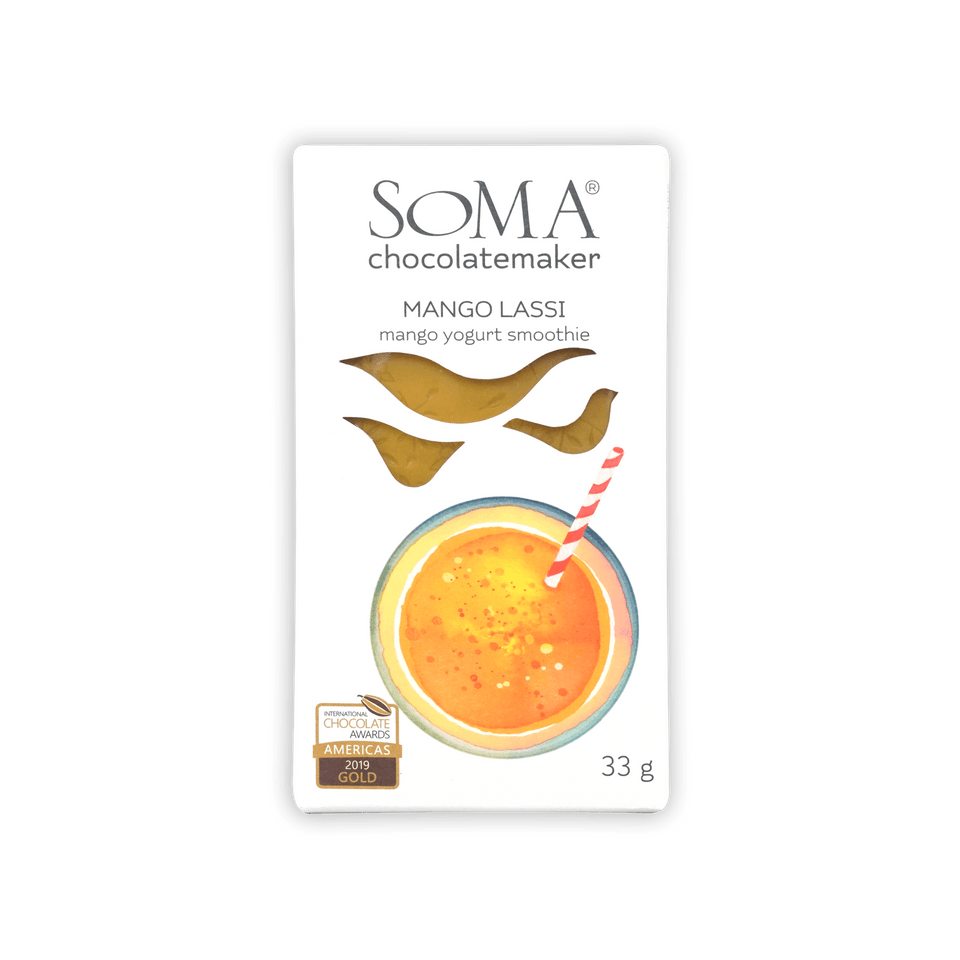Soma Mini Mango Lassi Bar: 33g chocolate with mango yogurt smoothie illustration