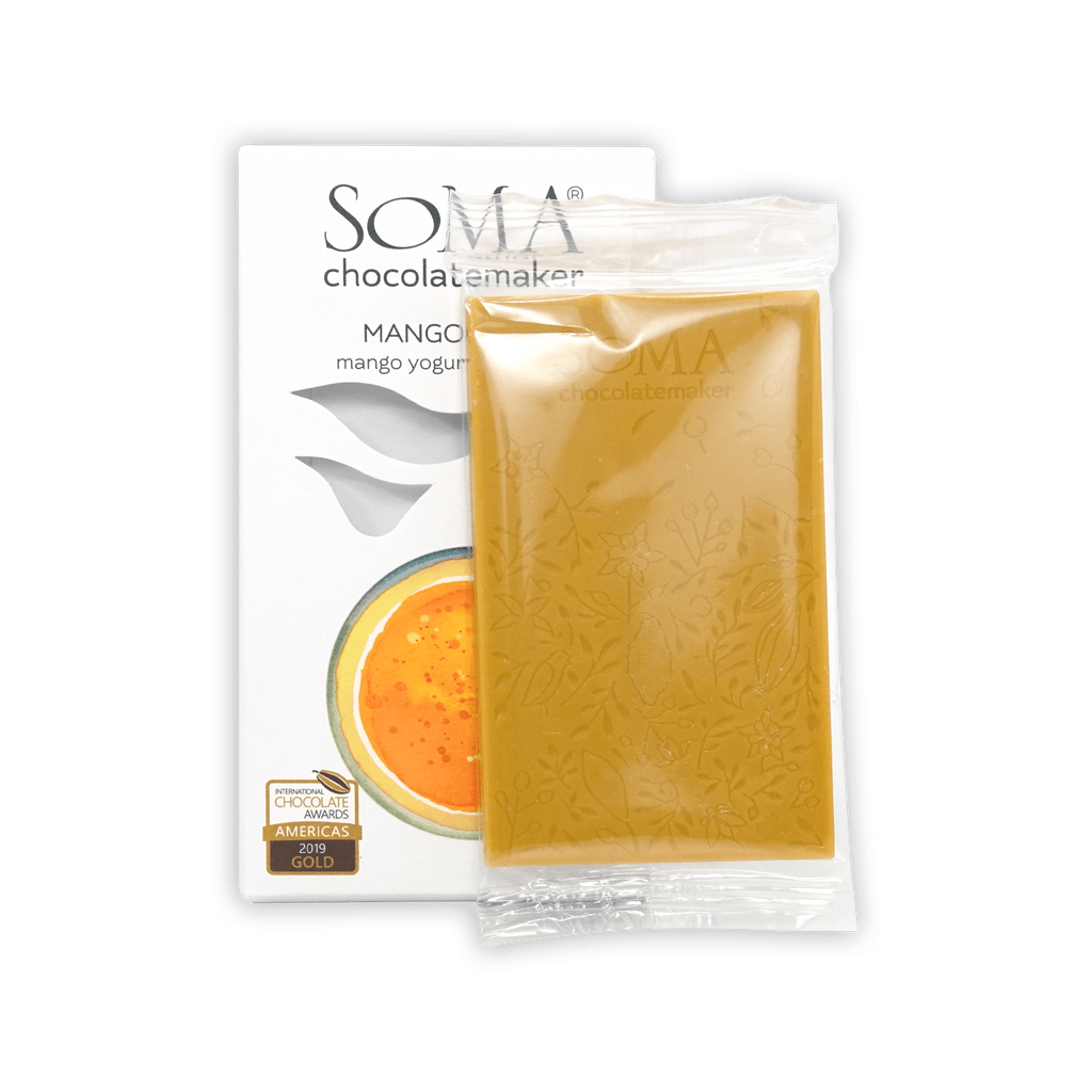 Soma Mini Mango Lassi Bar: golden-yellow mango yogurt chocolate in clear wrapper