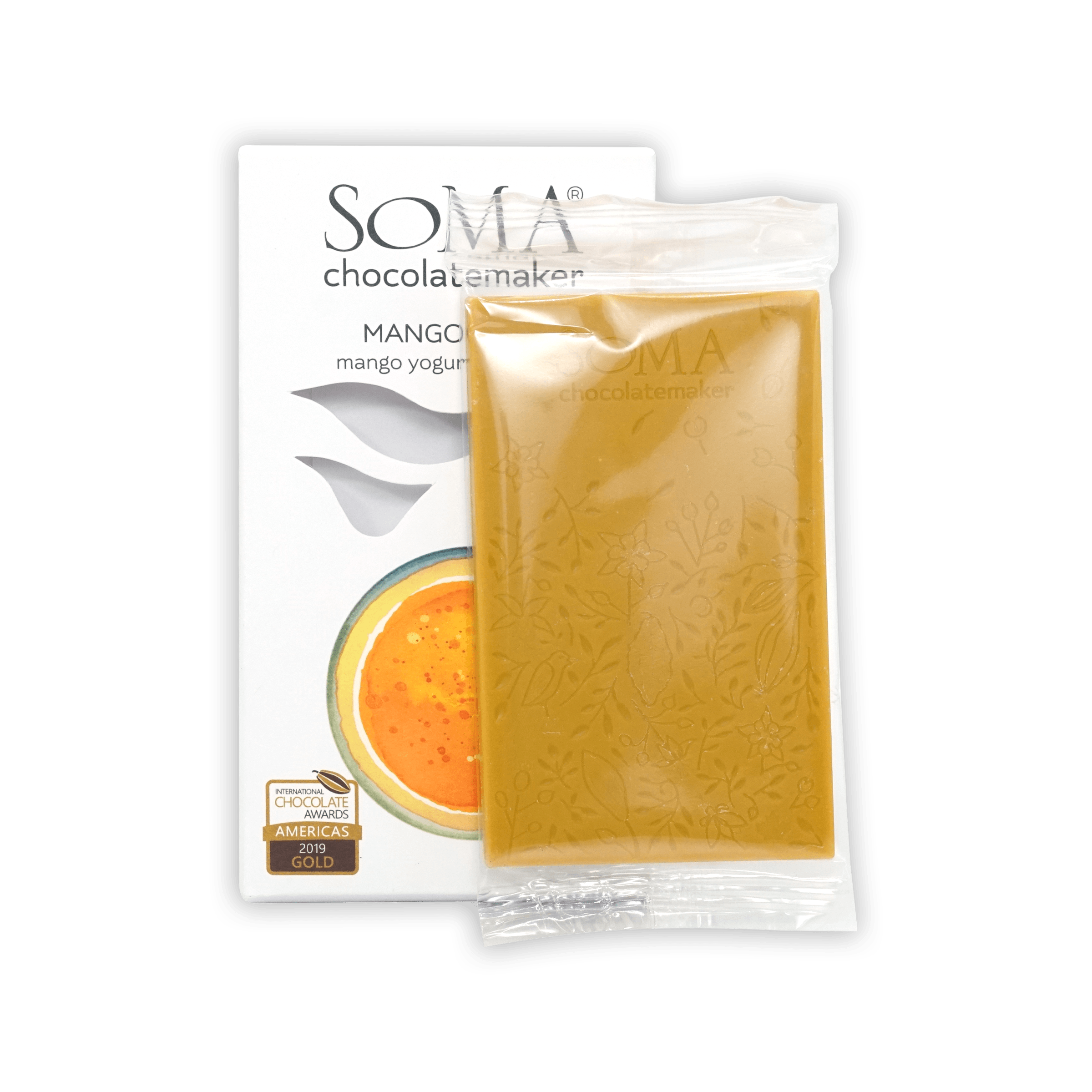 Soma Mini Mango Lassi Bar: golden-yellow mango yogurt chocolate in clear wrapper