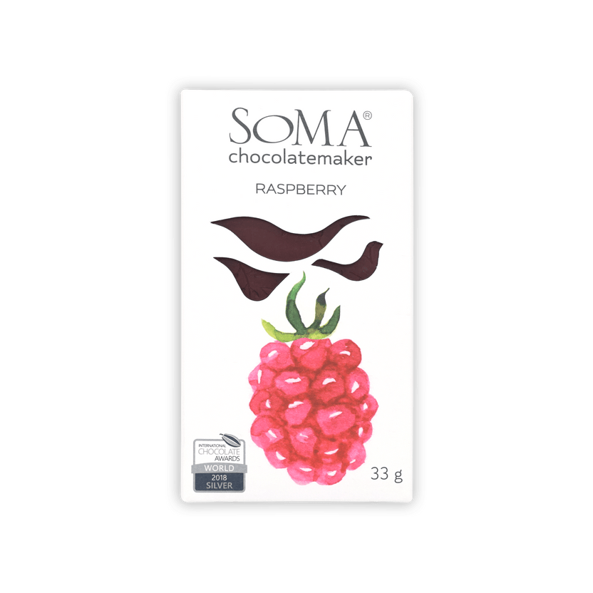 Soma Mini Raspberry Bar with pink raspberry and chocolate drizzle