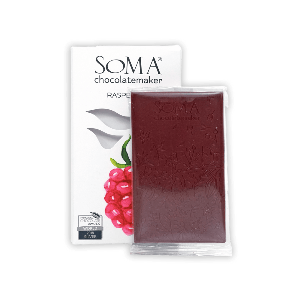 Soma Mini Raspberry Bar: deep red chocolate with embossed floral design