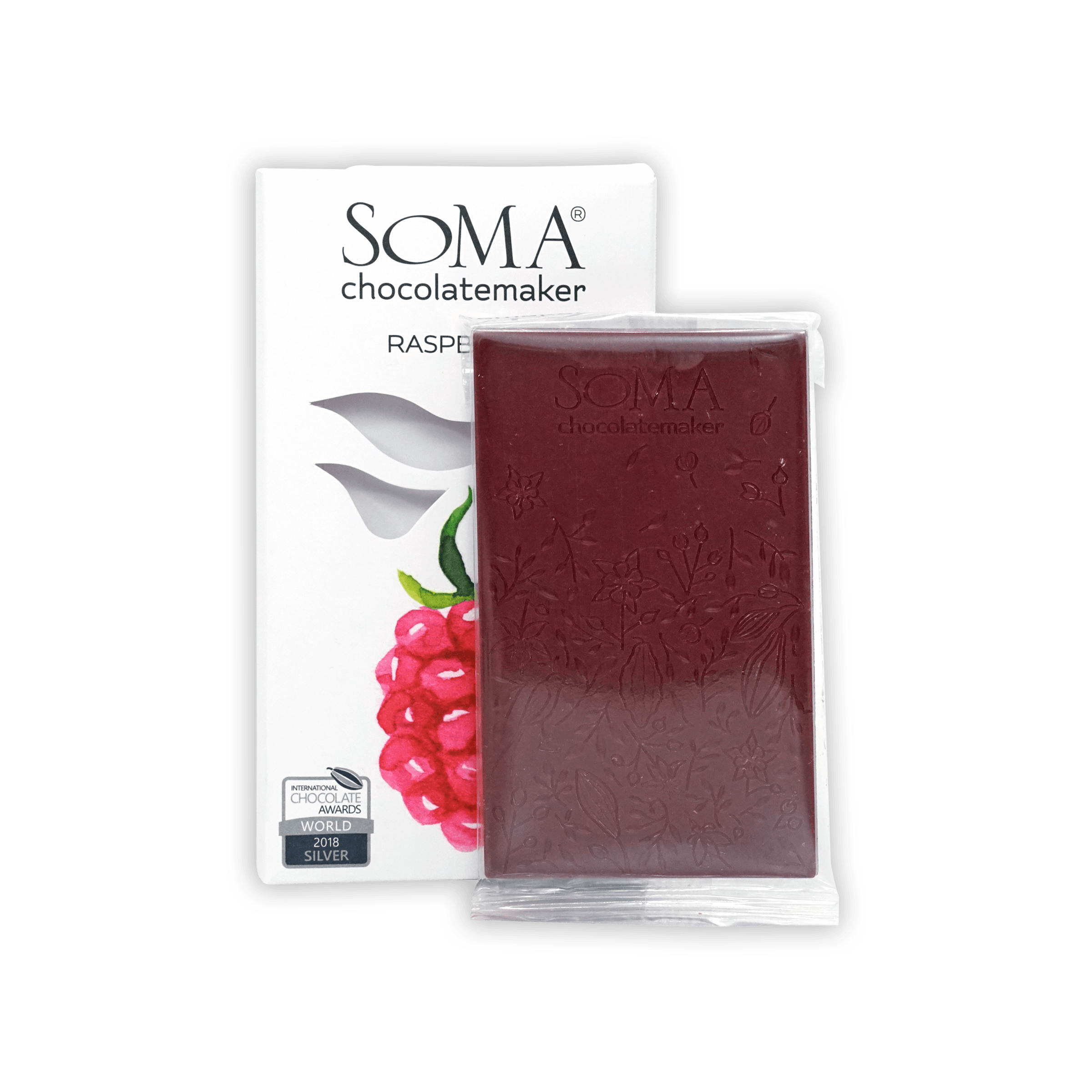 Soma Mini Raspberry Bar: deep red chocolate with embossed floral design