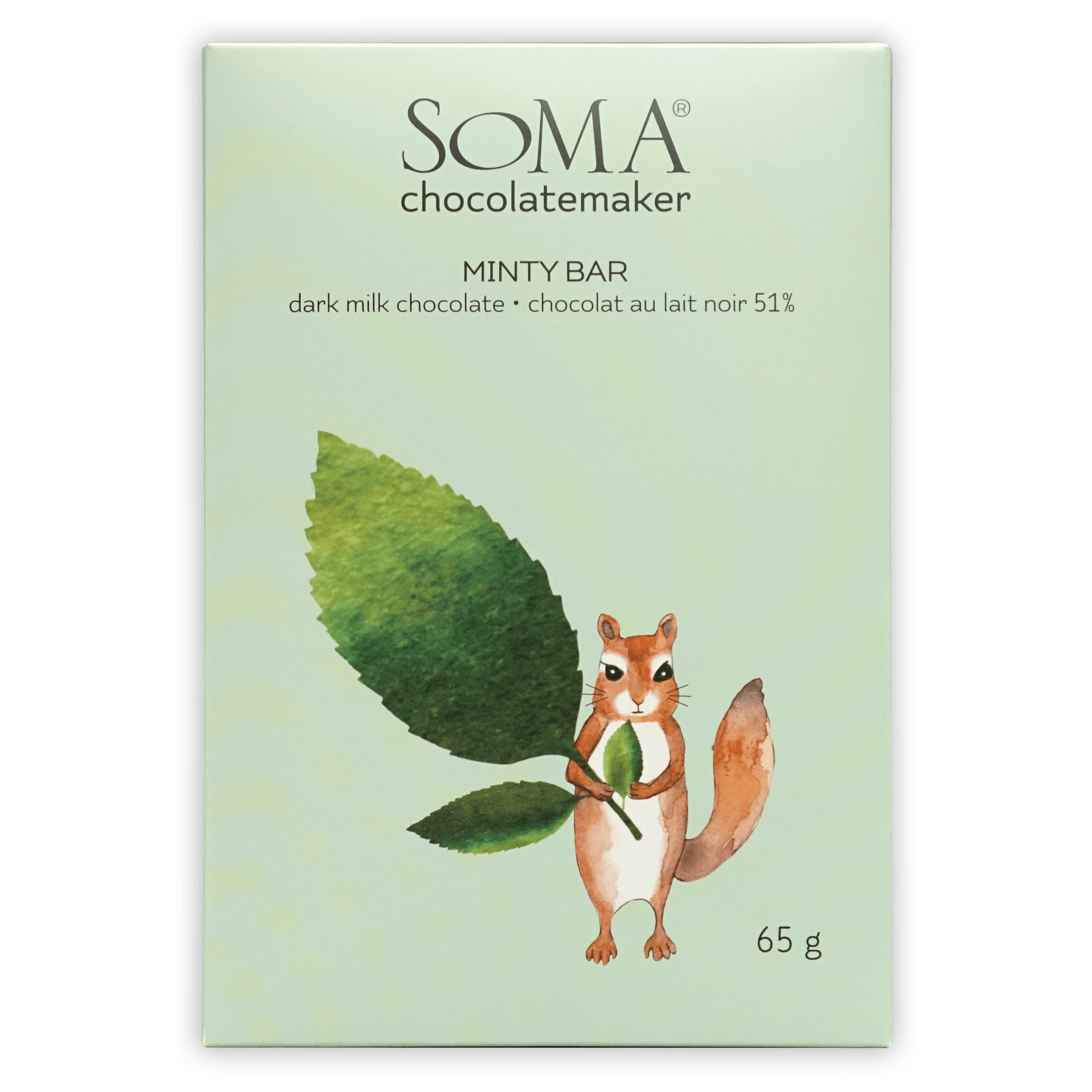 Soma Minty Milk Chocolate Bar 51%: light green package with squirrel illustration