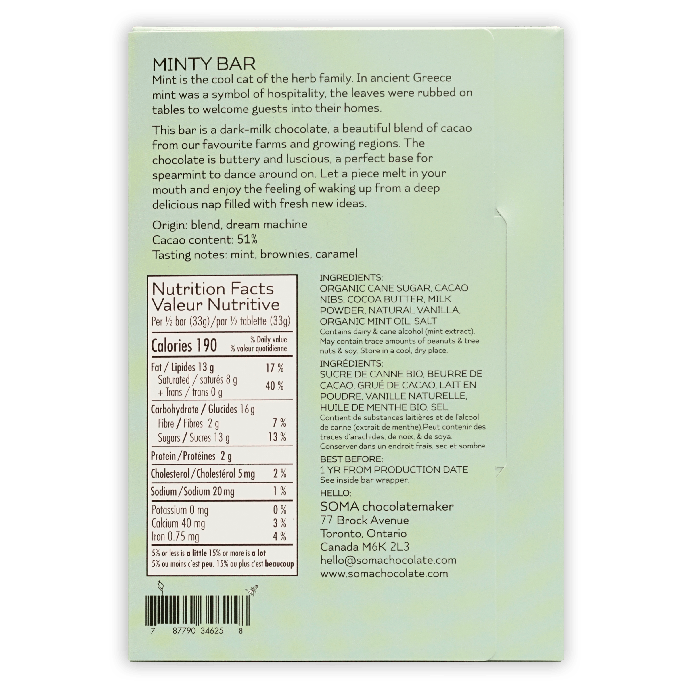 Soma Minty Milk Chocolate Bar 51% back wrapper with mint flavor facts