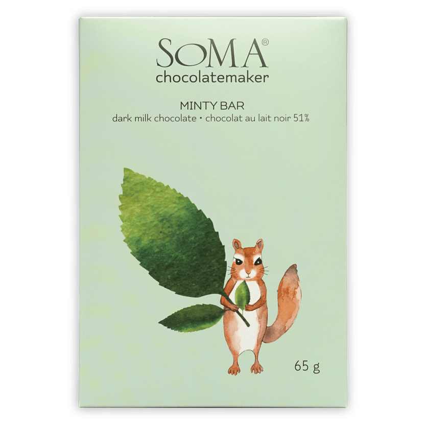 Soma Minty Milk Chocolate Bar 51%: light green package with squirrel illustration