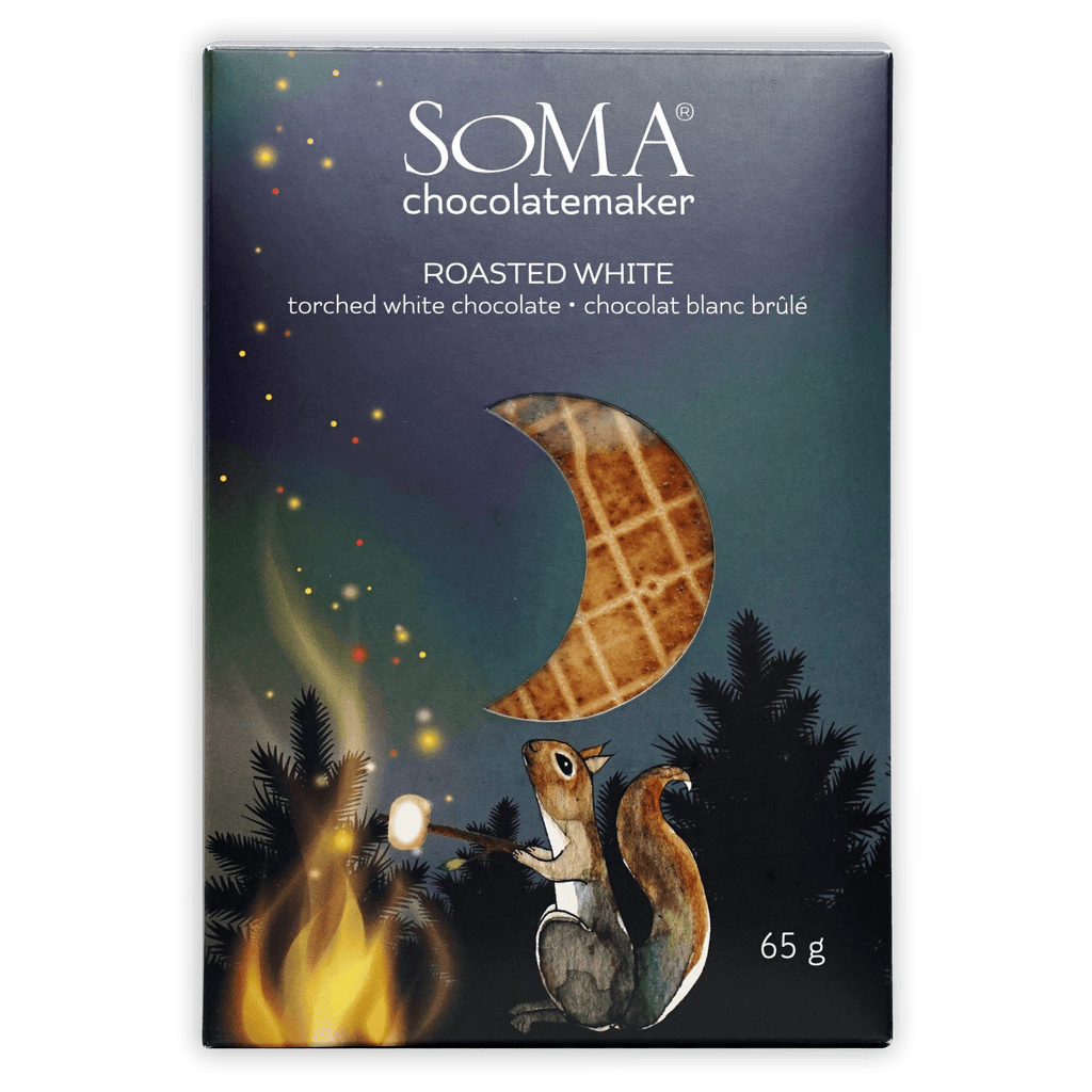 Soma Roasted White Chocolate bar in dark blue package with squirrel illustration