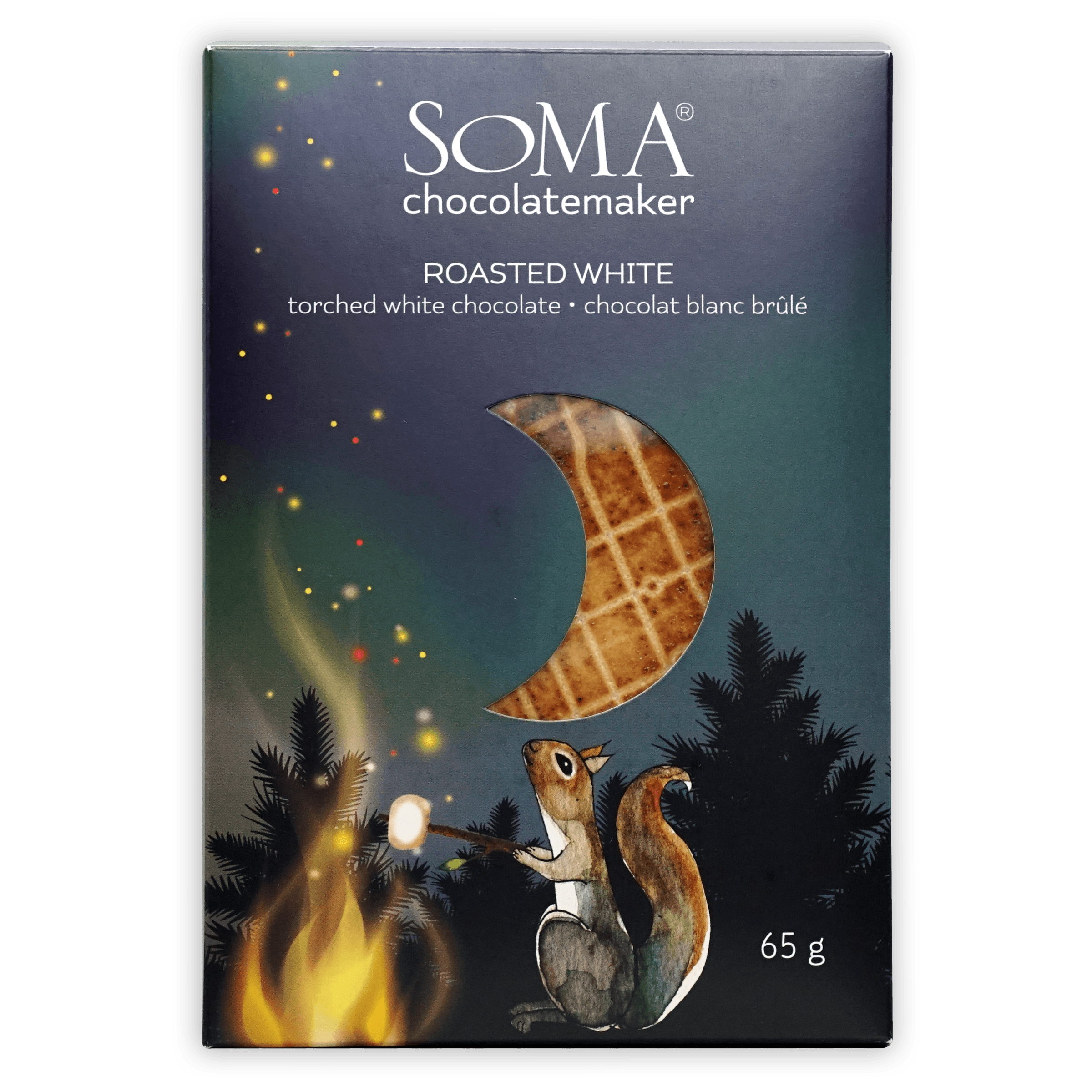 Soma Roasted White Chocolate bar in dark blue package with squirrel illustration