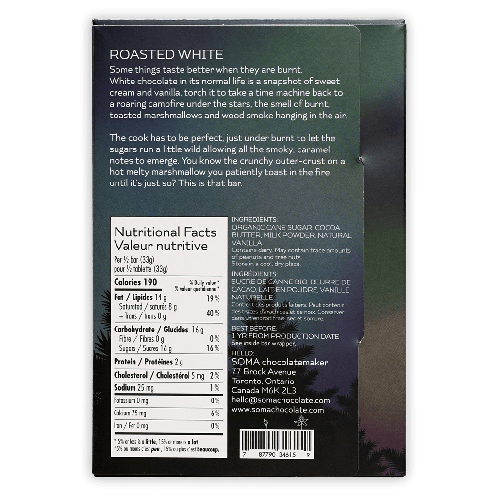 Soma Roasted White Chocolate bar back: dark green black pack, bilingual facts