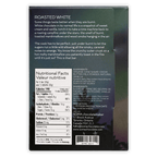 Soma Roasted White Chocolate bar back: dark green black pack, bilingual facts