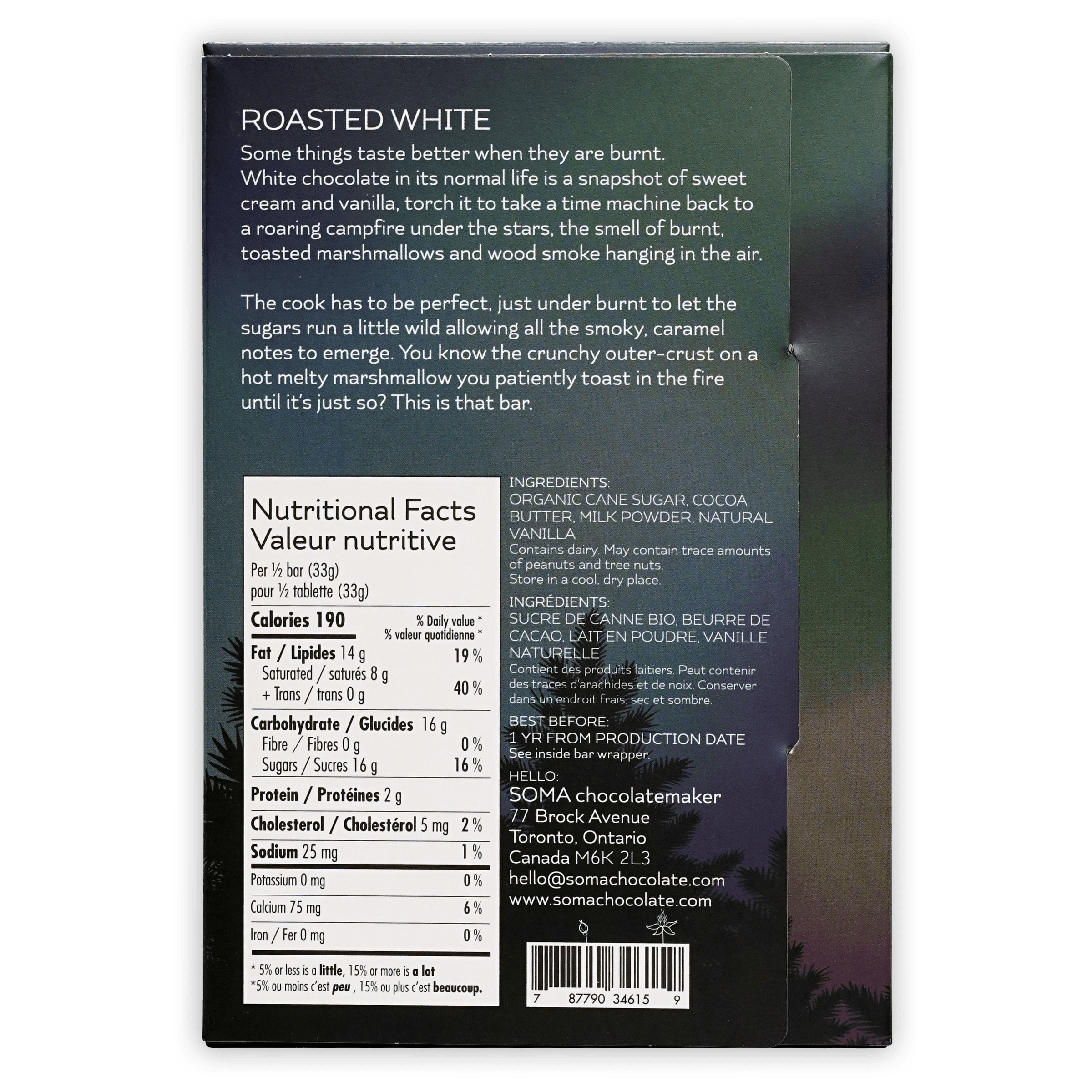 Soma Roasted White Chocolate bar back: dark green black pack, bilingual facts