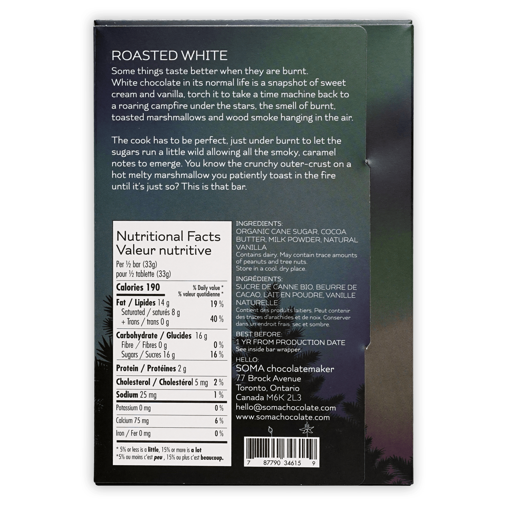Soma Roasted White Chocolate bar back: dark green black pack, bilingual facts