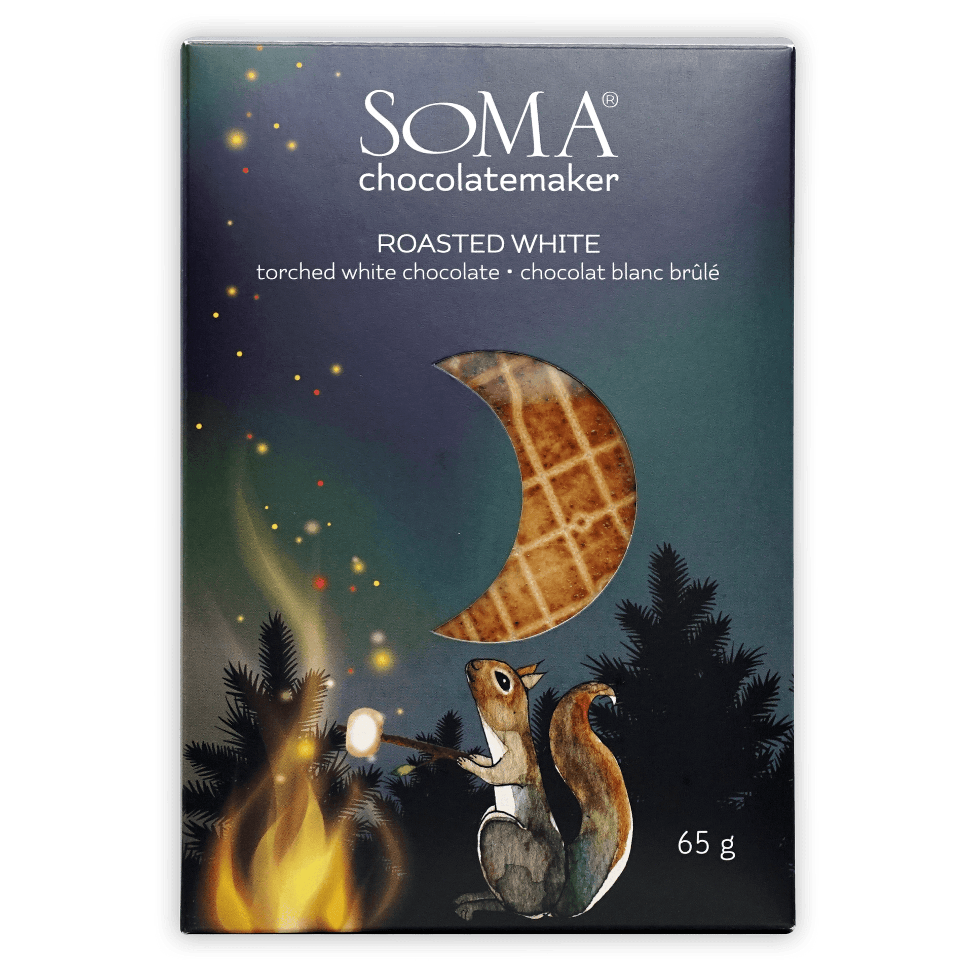 Soma Roasted White Chocolate bar in dark blue package with squirrel illustration