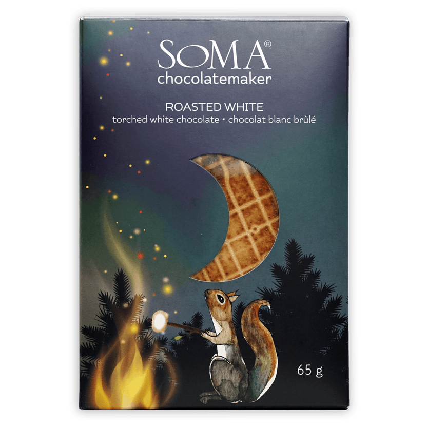 Soma Roasted White Chocolate bar in dark blue package with squirrel illustration