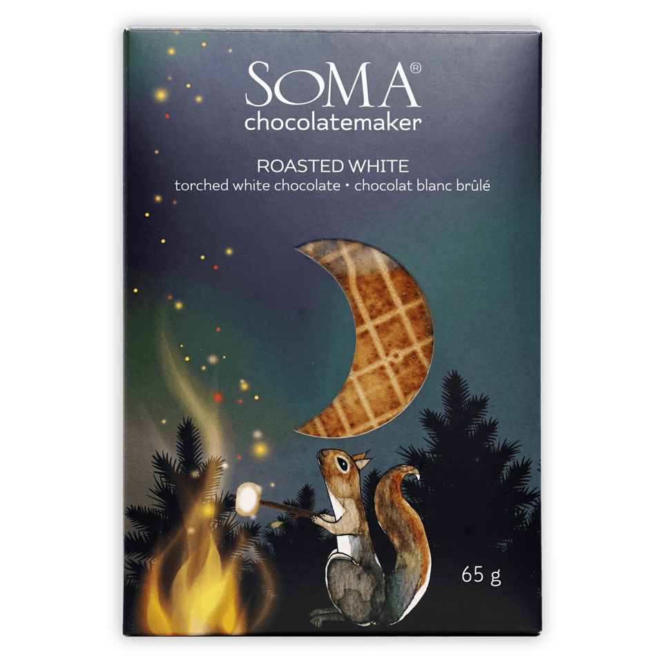 Soma Roasted White Chocolate bar in dark blue package with squirrel illustration